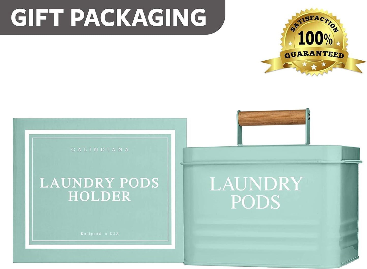 Calindiana Modern Farmhouse Metal Laundry Pods Holder Container with Lid for Laundry Room Decor and Accessories and Space Saving Organization and Storage, Holds 81 Laundry Pods, Mint