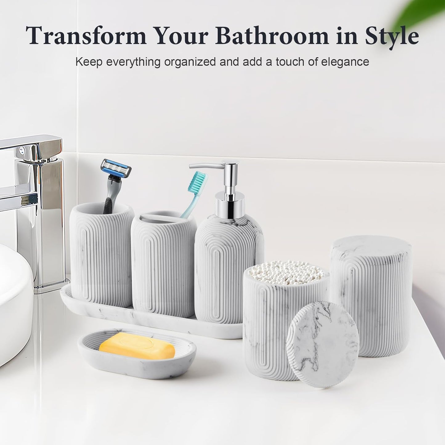 Bathroom Accessories Set - 7-Piece Resin Bathroom Set, Toothbrush Holders Set, Soap Dispenser, Qtip Holder Dispenser, Tumbler, Soap Dish & Tray, Modern Bath Decor for Home Dorm Hotel (Marble White)