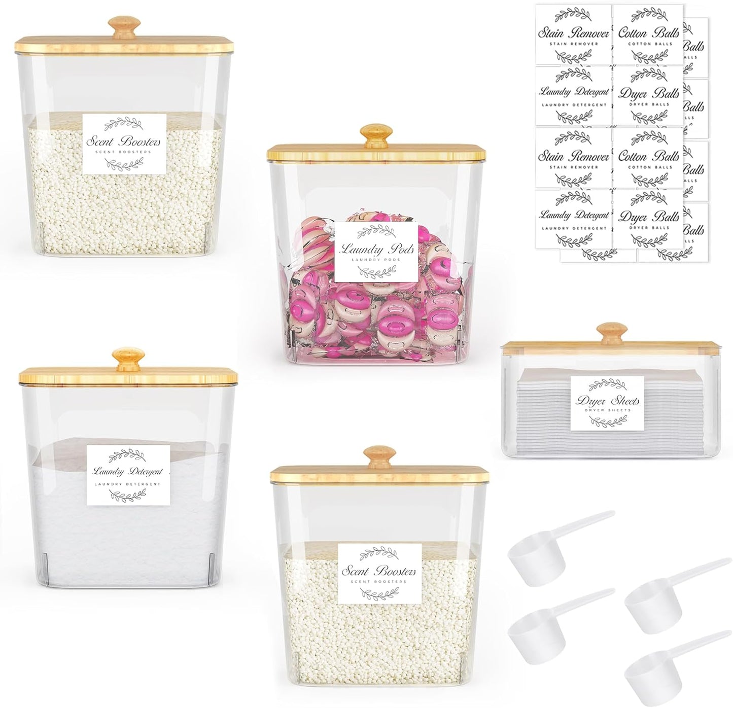 Laundry Room Organization and Storage, Laundry Pods Container and Dryer Sheet Holder with Bamboo Lids and Labels, Laundry Organizer with Scoops for Booster Beads, Powder, Pods, 4+1 Pack