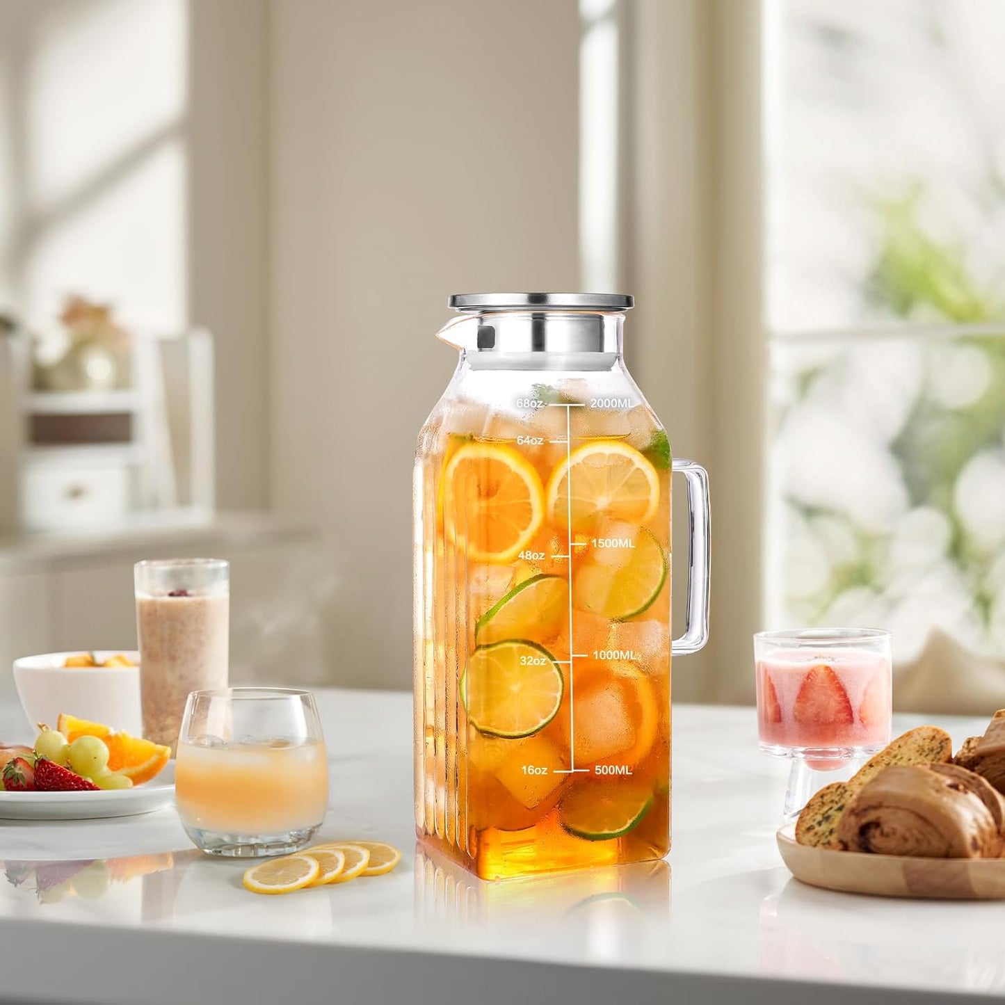 Aofmee 68oz Glass Pitcher for Fridge Door, 2 Liter Square Water Pitcher with Lid and Scale Line, Heat Resistant Tea Pitchers, Leak Proof Juice Jug, Borosilicate Glass Carafe for Hot/Cold Beverage