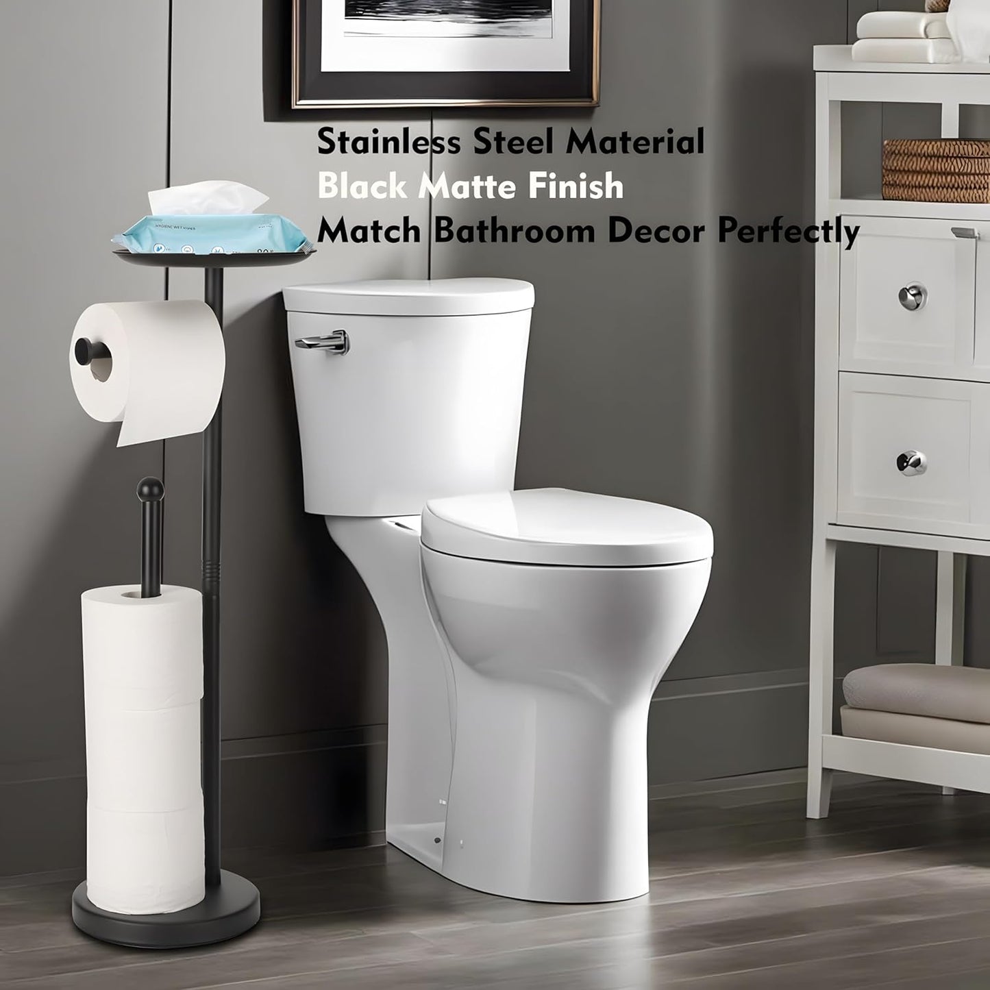 Noonext Black Toilet Paper Holder with Shelf, Freestanding Toilet Paper Holder Stand with Tray at The Top, Heavy Base No Tipping Over (Stainless Steel, Black)