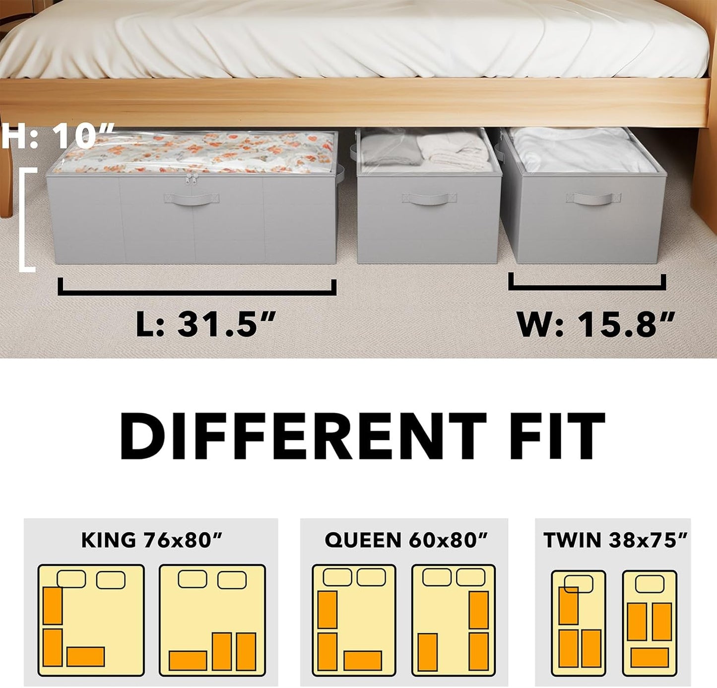 SpaceAid 3 Pack 10" High Under Bed Storage Containers, Large Underbed Storage Organizer Bins with Lids for Bedroom, Dorm, Clothes, Closet Organization, Bed Sheets and Blankets (Gray)