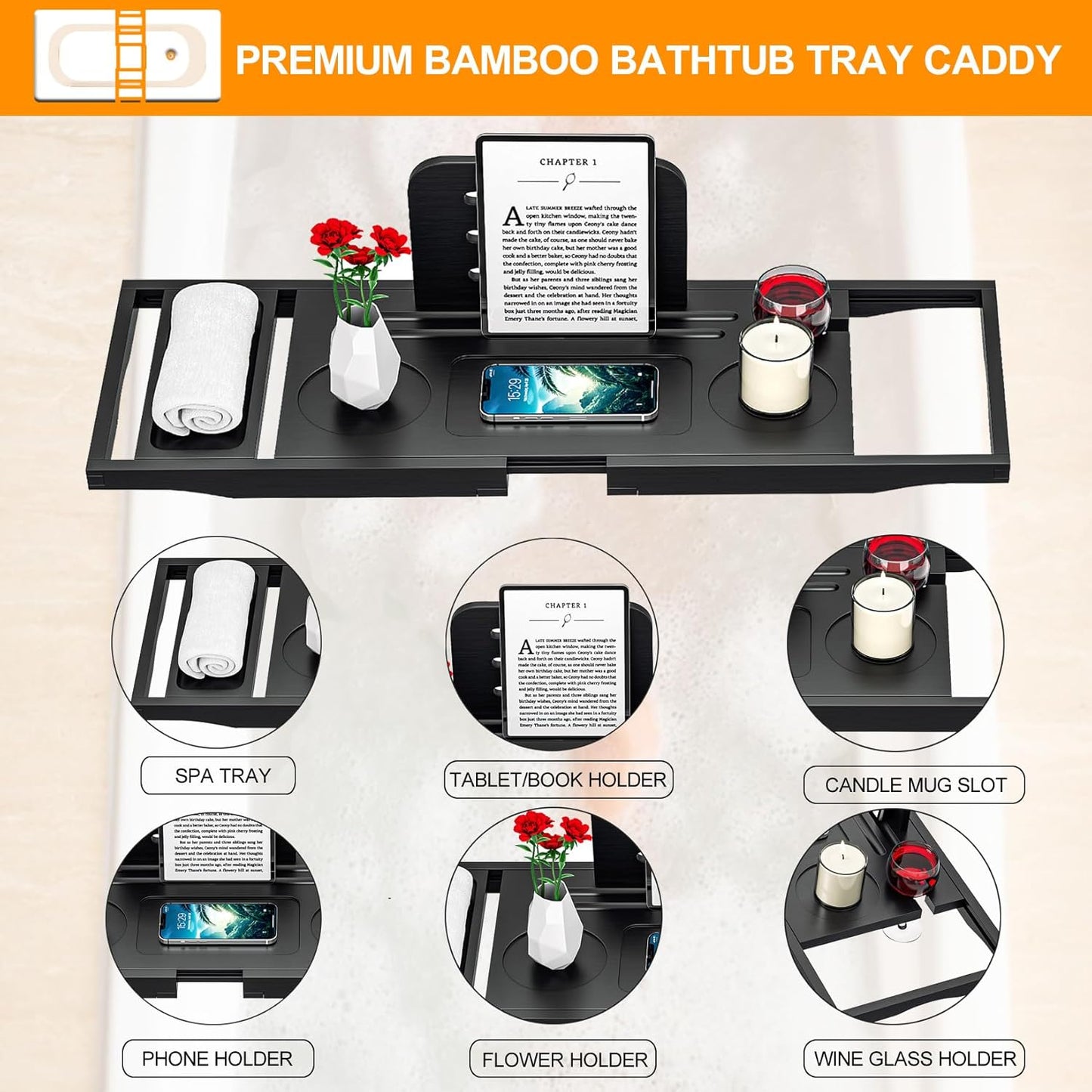 Premium Bathtub Caddy Tray Black - Bath Tray - Bath Tub Tray Table for Bathtub - Bath Caddy Tray for Bathtub, Expandable Size, Fits Most Bath Tubs