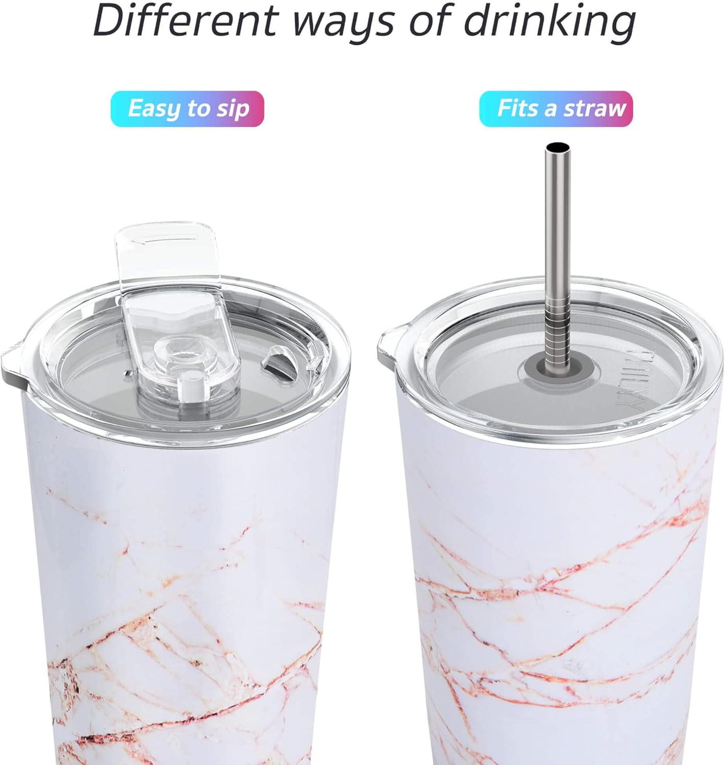 THILY Stainless Steel Vacuum Insulated Tumbler Travel Mug 26 oz Coffee Cup with 2 Lids and Straws, Splash Proof, Keep Ice Drinks Cold, Gold Marble