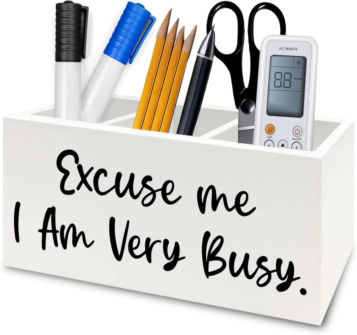 Funny Pen Pencil Holder Organizer for Desk, Funny Office Decor, Excuse Me I Am Very Busy Wooden Box Signs Decorations for Home Workplace Office Desk Tabletop