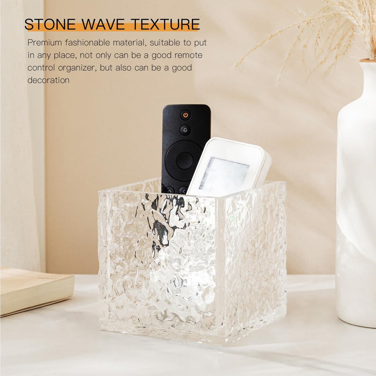 Remote Control Holder, Acrylic Desk Organizer Stone Texture TV Remote Holder Cosmetic Storage Box Modern Remote Organizer Remote Storage Box for Home Office School.