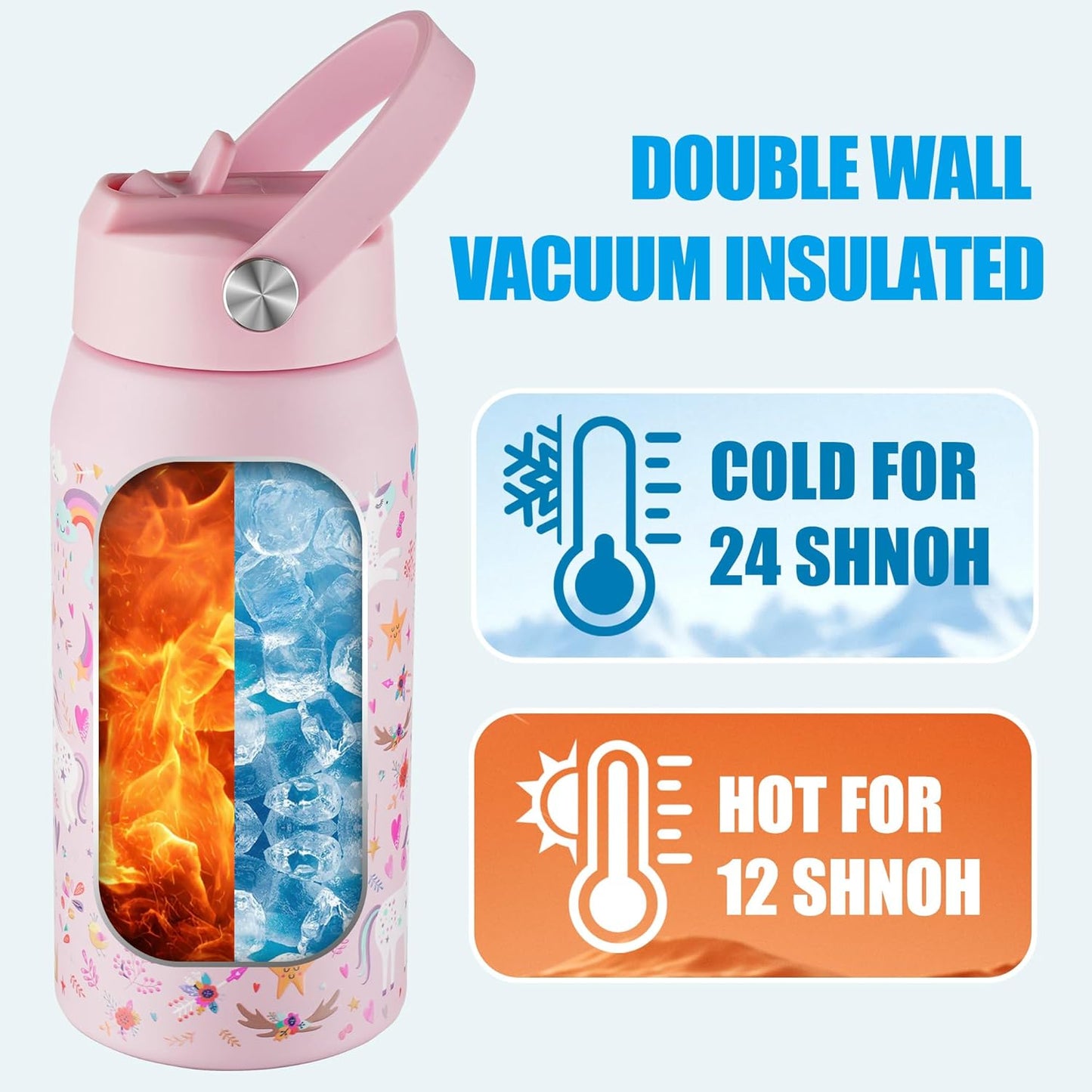 OLDLEY kids Water Bottle - 18oz Insulated Stainless Steel - Wide Straw Lid, Non Spill, Leakproof, Kids Water Bottle for School,Unicorn