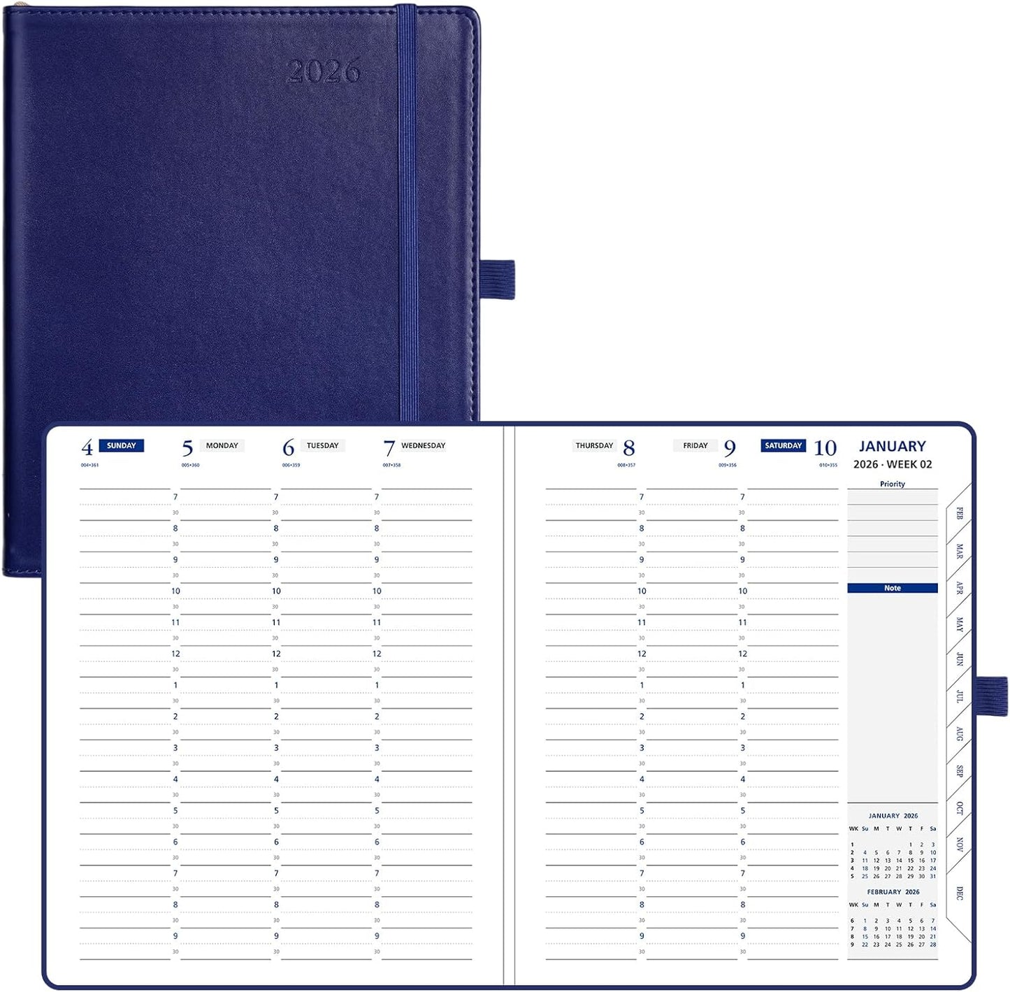 POPRUN 2026 Weekly Planner (Medium 7'' x 8.5''), 30-Minute Hourly Appointment Book (Jan 2026-Dec 2026) with Monthly Tabs, Inner Pockets, Pen Holder, PU Leather Softcover, 100GSM - Night Sky Navy Blue