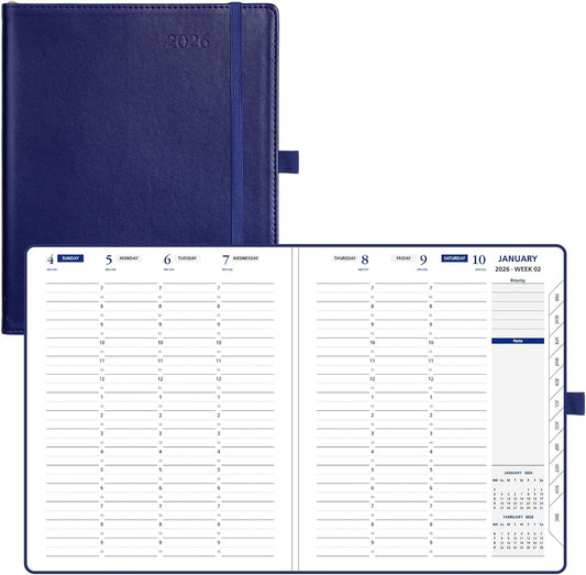 POPRUN 2026 Weekly Planner (Medium 7'' x 8.5''), 30-Minute Hourly Appointment Book (Jan 2026-Dec 2026) with Monthly Tabs, Inner Pockets, Pen Holder, PU Leather Softcover, 100GSM - Night Sky Navy Blue
