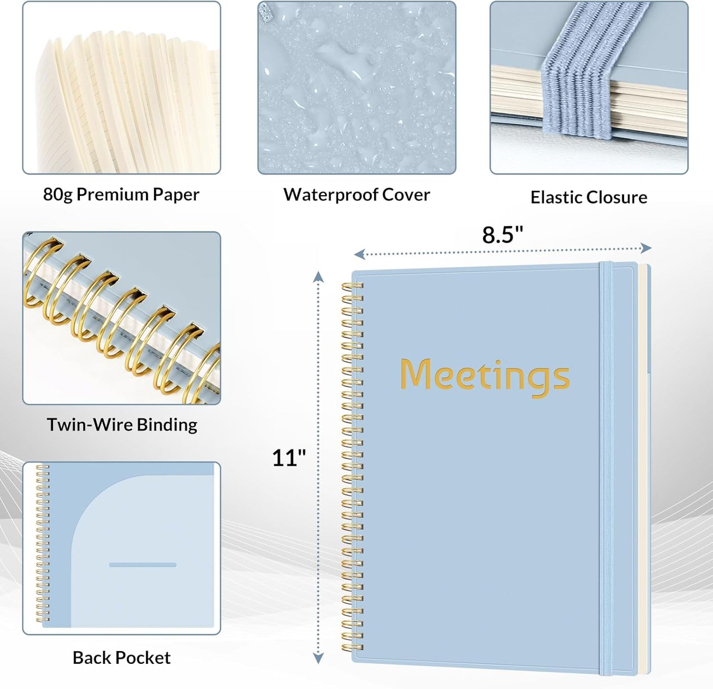 SUNEE Half Meeting Half Note 8.5"x11" Notebook for Work – 140 Pages, A4 Size Project Planner for Women&Men, Minutes Organizer for Meeting Notes, Ideas for Office/Business, PVC Waterproof Cover, Blue