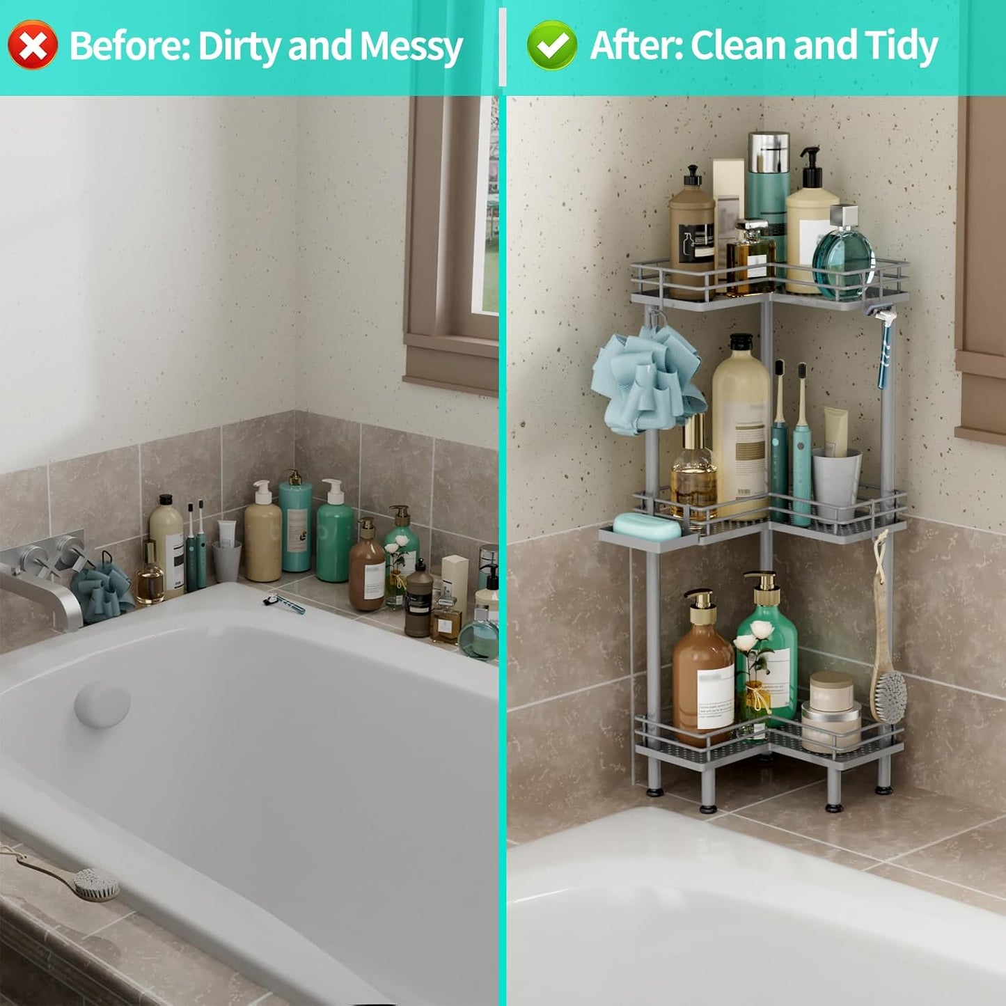 HapiRm Corner Shower Caddy Standing - 3 Tier Shower Organizer Corner with Soap Holder, Rustproof Bathroom Standing Organizer with 4 Hooks, Grey