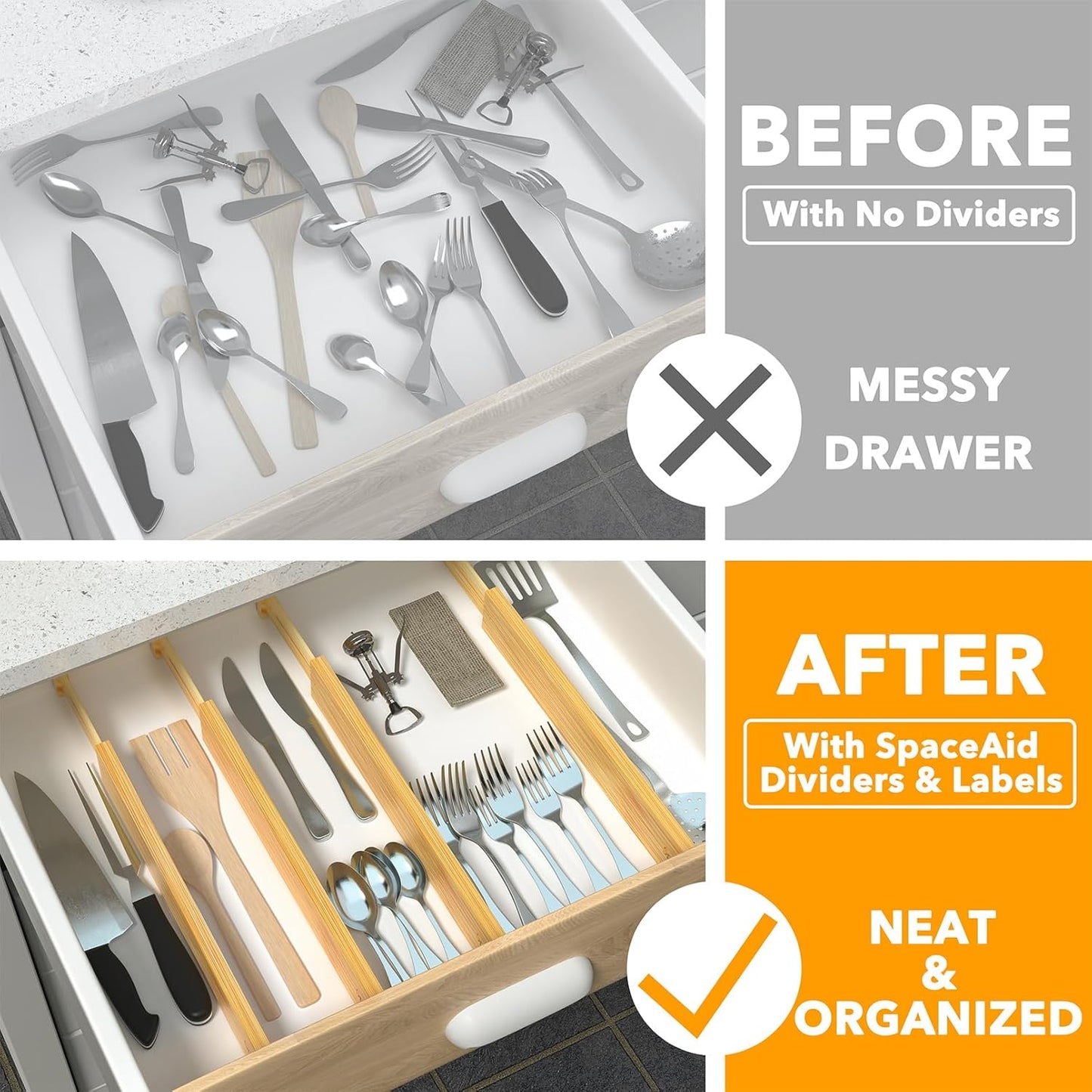 SpaceAid 4 Pack Bamboo Drawer Dividers with Labels, Kitchen Adjustable Drawer Organizers, Expandable Organization for Home Clothes Dressers (17-22 in, Natural)