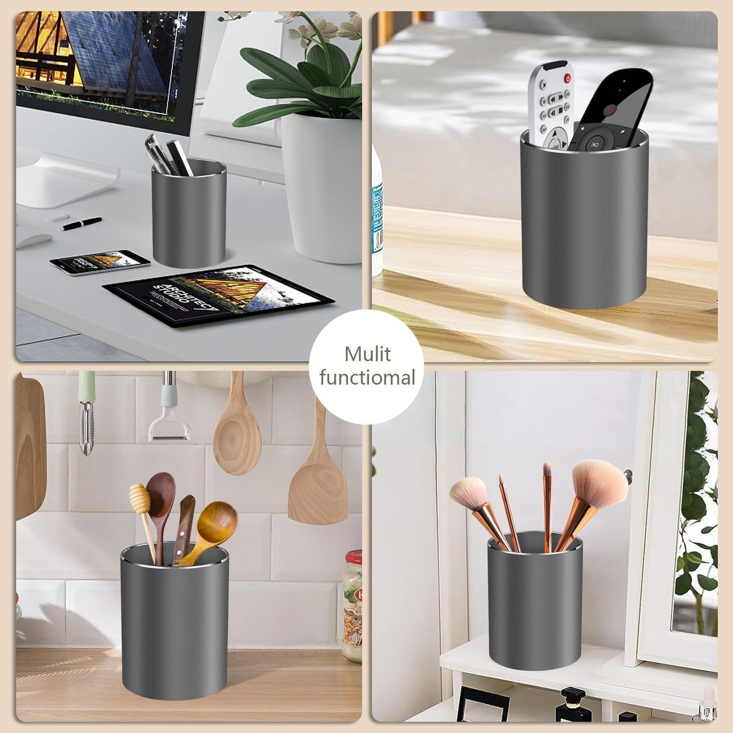 Pen holder, aluminum alloy waterproof pen holder, desktop simple and modern minimalist, multifunctional office supplies for families, kids and schools Grey