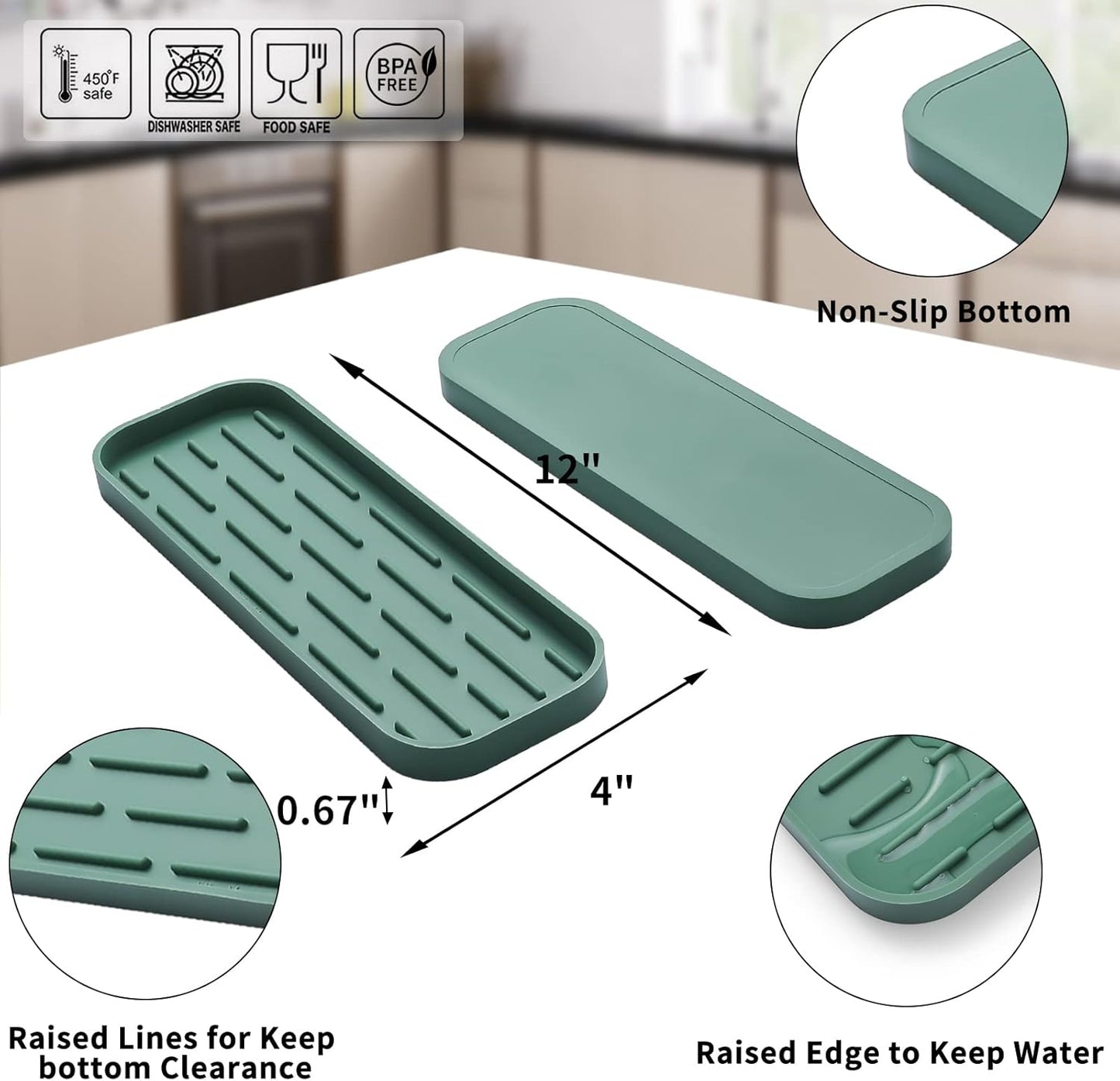 Silicone Kitchen Sink Organizer Tray for Multiple Usage,Eco-Friendly Sponges Holder for Kitchen Bathroom Counter or Sink,Dish Soap Dispenser,Scrubber,Bottle,Cup (Green, 12"×4")