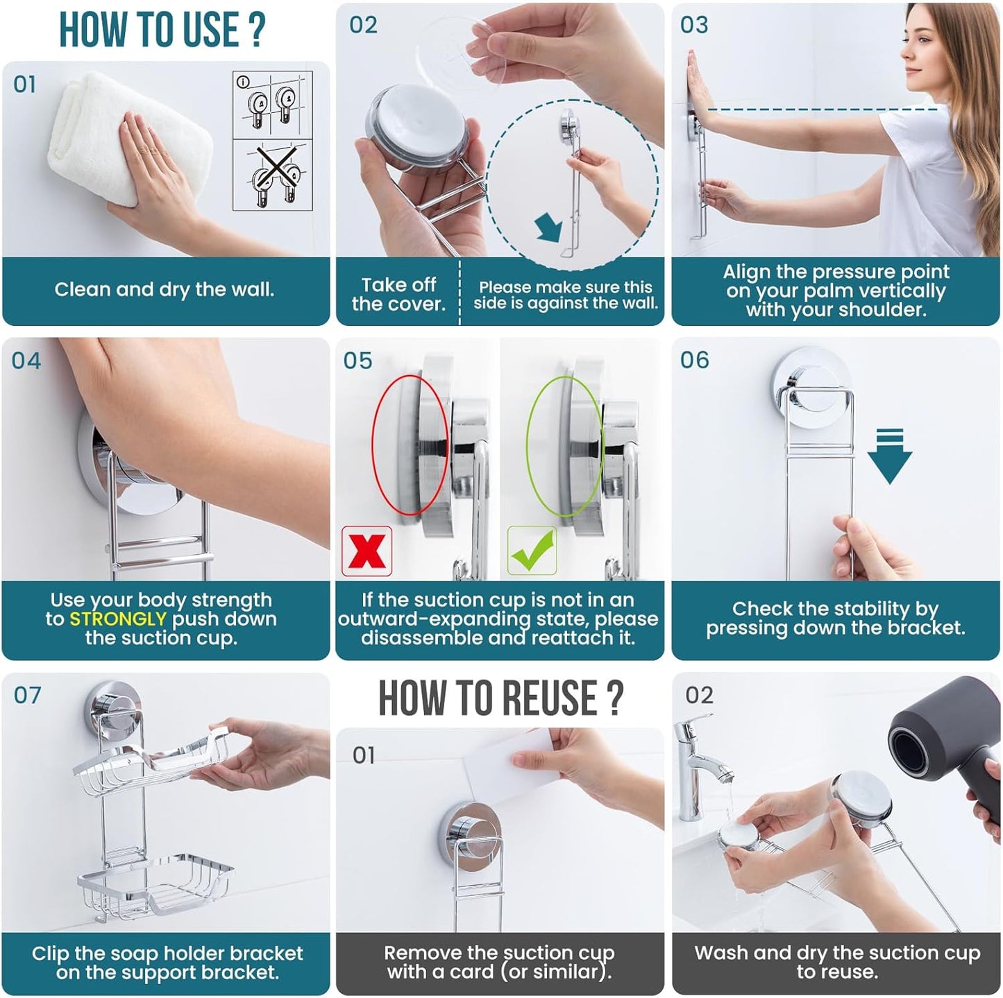 TAILI Double Layer Soap Holder, Drill-Free Bar Soap Dish Tray Suction Cup, Draining for Shower Wall, Bath Storage, Rustproof Stainless Steel Sponge Holder for Tub, Kitchen, Silver