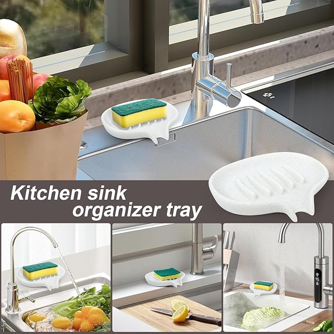 Soap Dish with Drain- Self Draining Bar Soap Holder for Shower, Marble Look Soap Savers Soap Tray Sponge Holder for Kitchen, Bathroom, Bathtub Sink, Crystal White