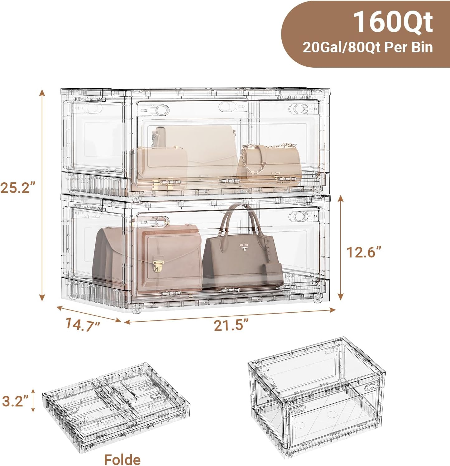 BROVIEW 160Qt Clear Stackable Storage Bins with Lids and Wheels, Shiny Plastic Storage Bins, Foldable PET Drawer Closet Organizers and Storage Cabinets Display Box for Home Craft Makeup, 2 Pack