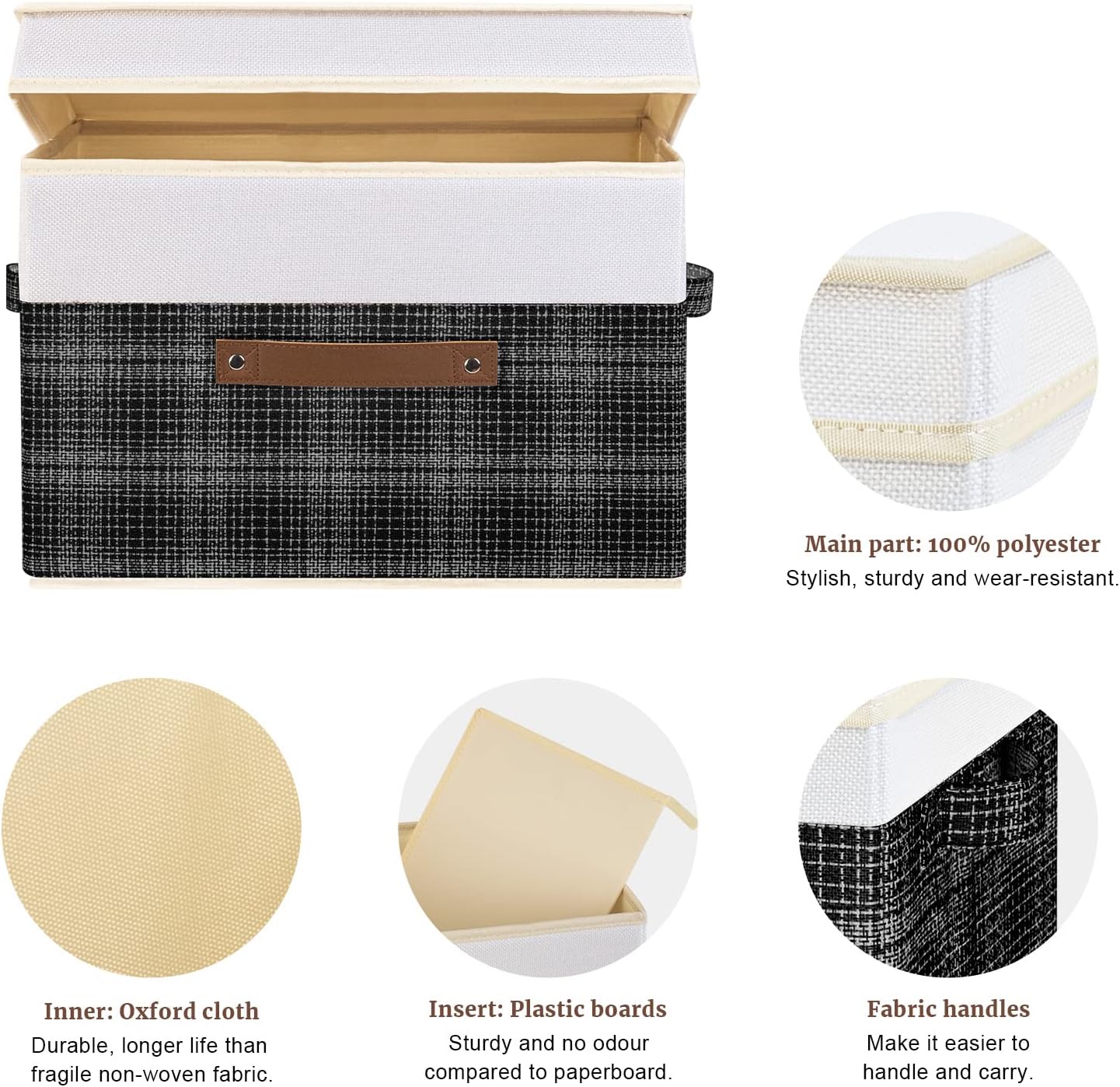 TYEERS Collapsible Storage Bins with Lids, Patchwork Design, Washable, Fabric Storage Boxes, 14.9x9.8x9.8 inches, 3 Pack, Black