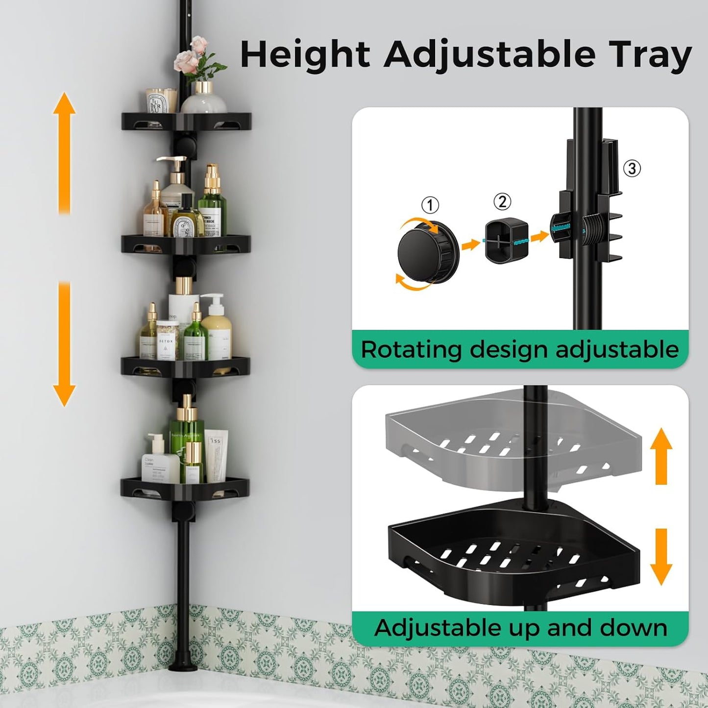 4-Tier Corner Shower Caddy Tension Pole Organizer - Adjustable Rustproof Metal Tension Pole, Plastic Shelves with Safety Guardrail, Bathroom Storage for Shower & Bathtub(Black)