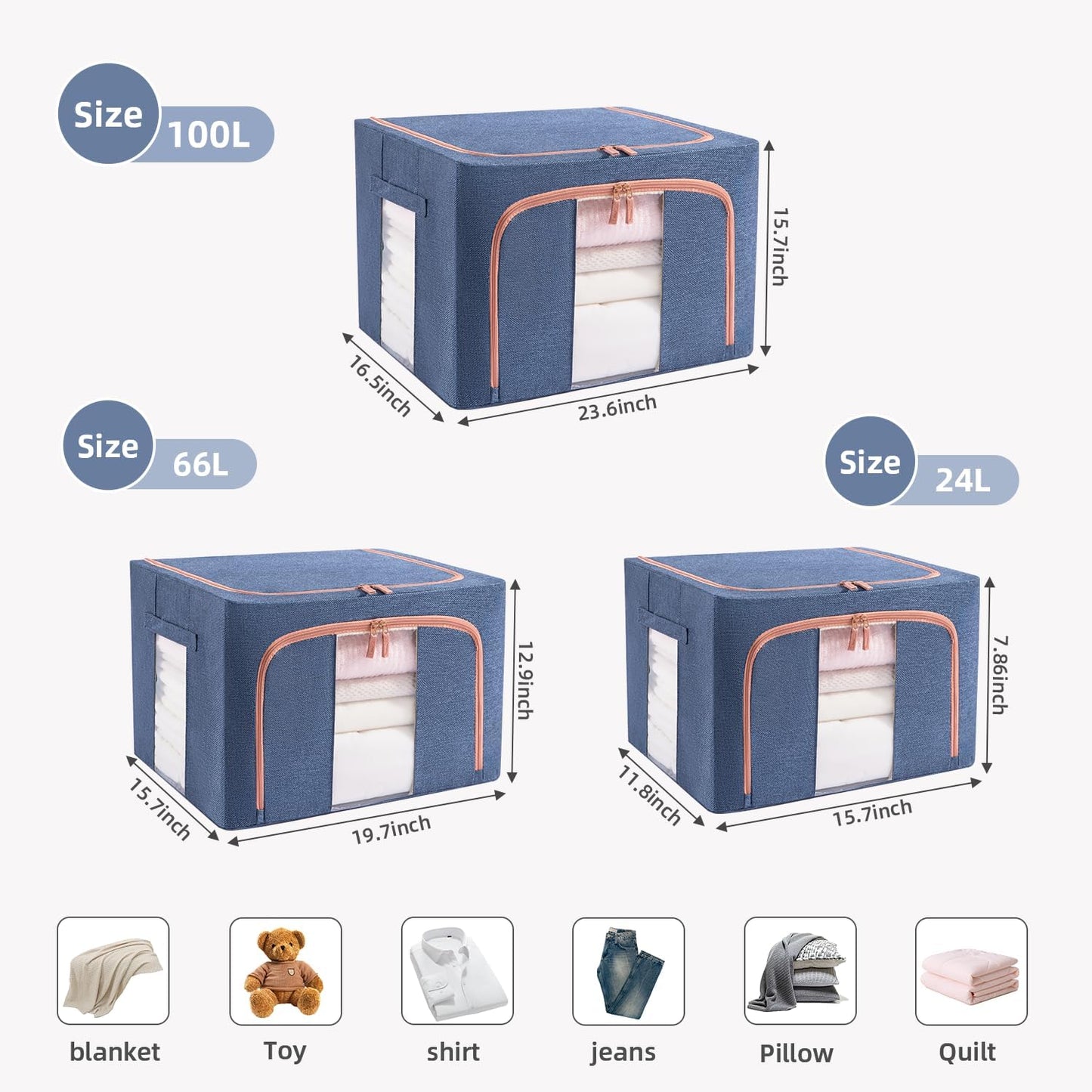 3 Pack 24L Stackable Clothes Storage Bins with Metal Frame Handles & Zipper, Collapsible Closet Organizer Box with Lid for Bedding Blankets Towel (Navy)