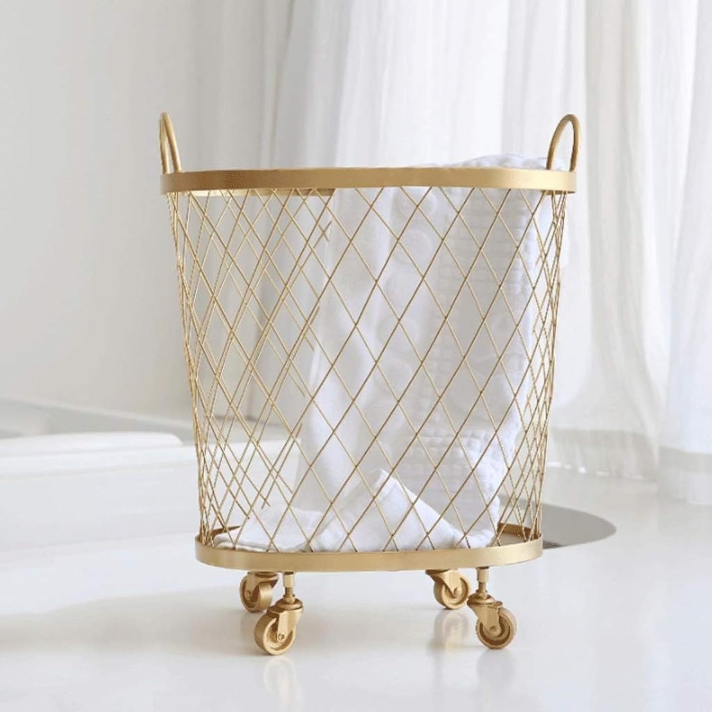 Mesh Rolling Laundry Basket with Wheels Metal Sturdy Aesthetic Gold Bathroom Bedroom Modern Kitchen Storage Basket