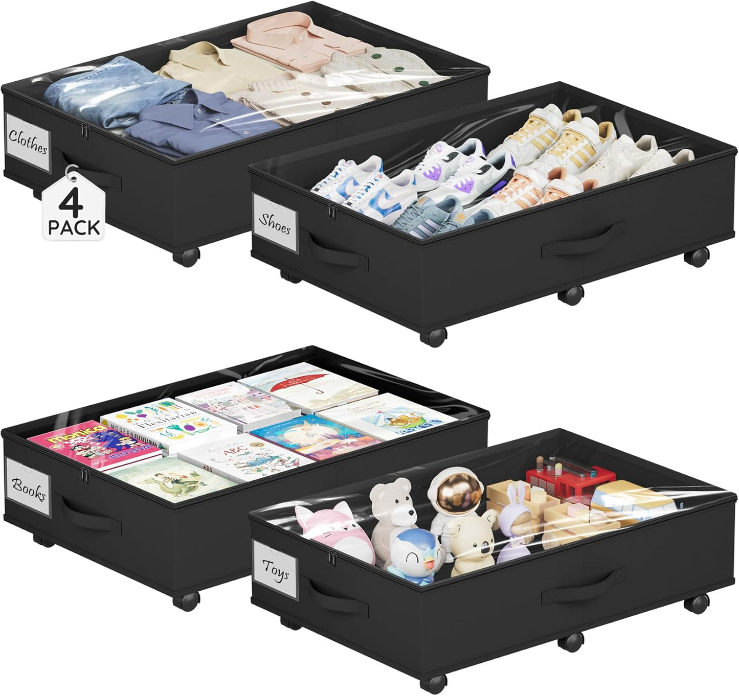 Under Bed Storage with Wheels, 4-Pack Under Bed Storage Containers with Clear Lids, Under the Beds Storage Organizer Bins With Handles, Under Bed Drawer for Clothes, Shoes, Books, Toys