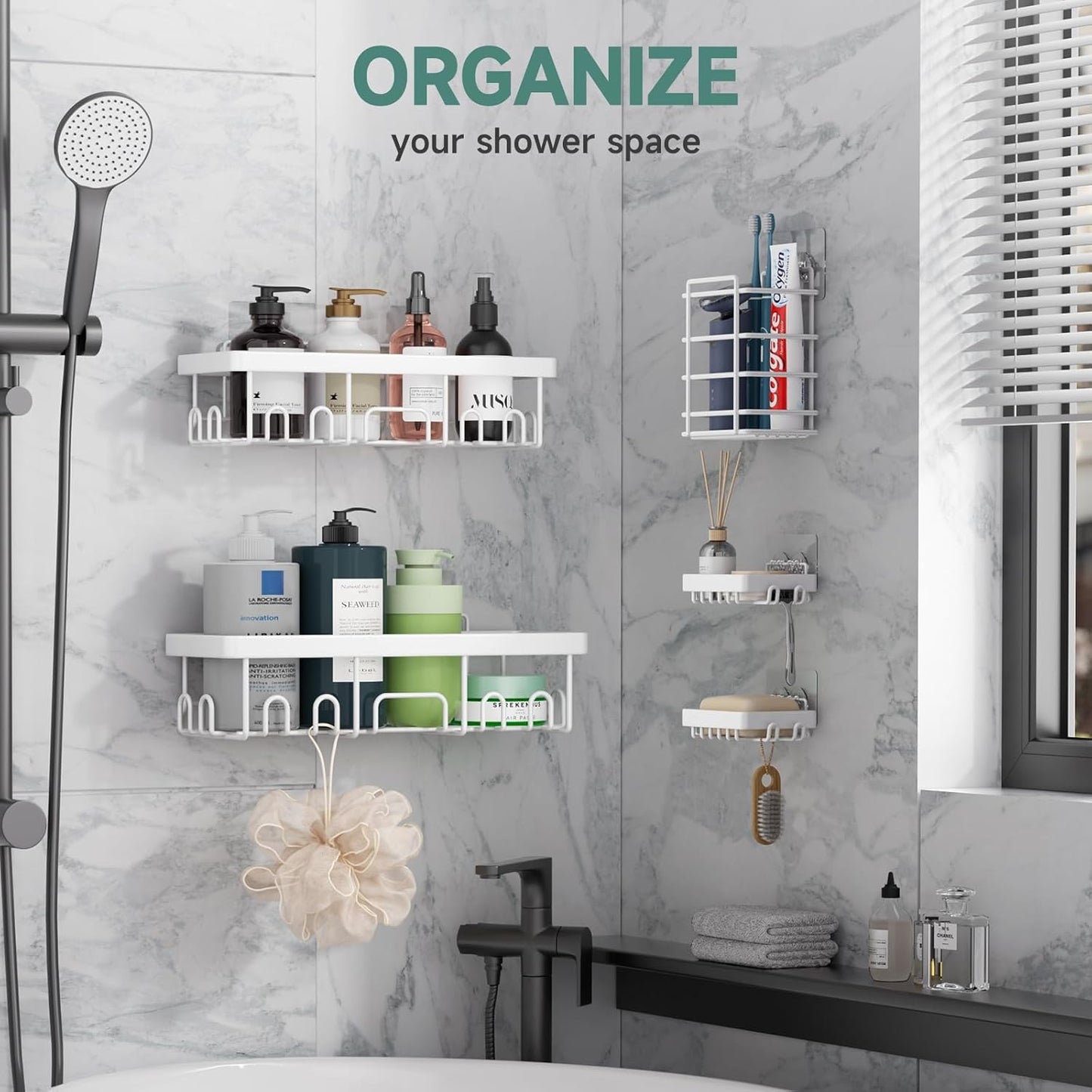 Veken Adhesive Shower Caddy 5-Pack,Heavy Weight Bearing,Large Wall Mounted Shower Shelves Rack,Organizer Storage Accessories with Soap Dish&Toothbrush Holder,Ideal for Bathroom,Home&Kitchen,White