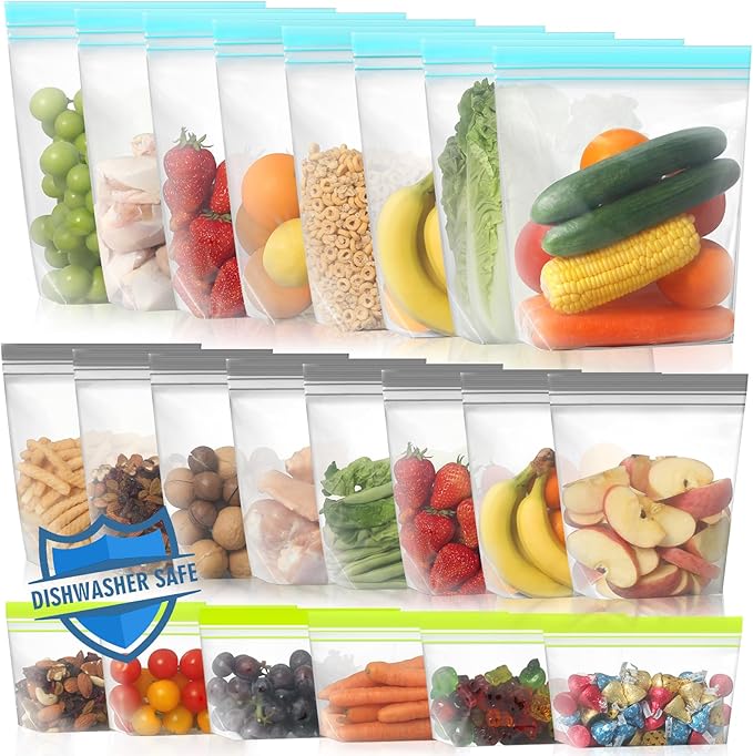 Lerine 22 Pack Reusable Freezer Bags Dishwasher Microwave Safe, Stand Up BPA Free Reusable Sandwich Bags, Leakproof Food Storage Bags for Meal Prep (Multicolor, 8Gallon 8Sandwich 6Snack)