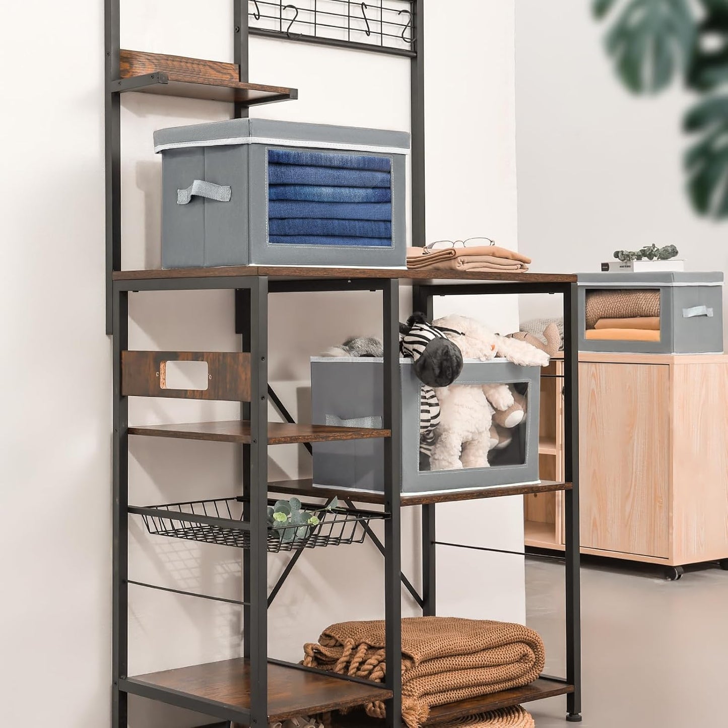 Stackable Storage Bins with Lids - Medium Storage Box with Lids, Foldable Closet Boxes for Organizing, Wardrobe Clothes Organizer with Window, Cubes Bins for Living Room, 5 Pack, Grey