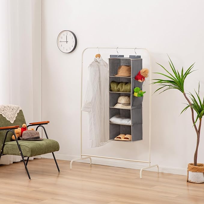 YOUDENOVA Hanging Closet Organizer, 5-Shelf Closet Hanging Storage Shelves, Grey