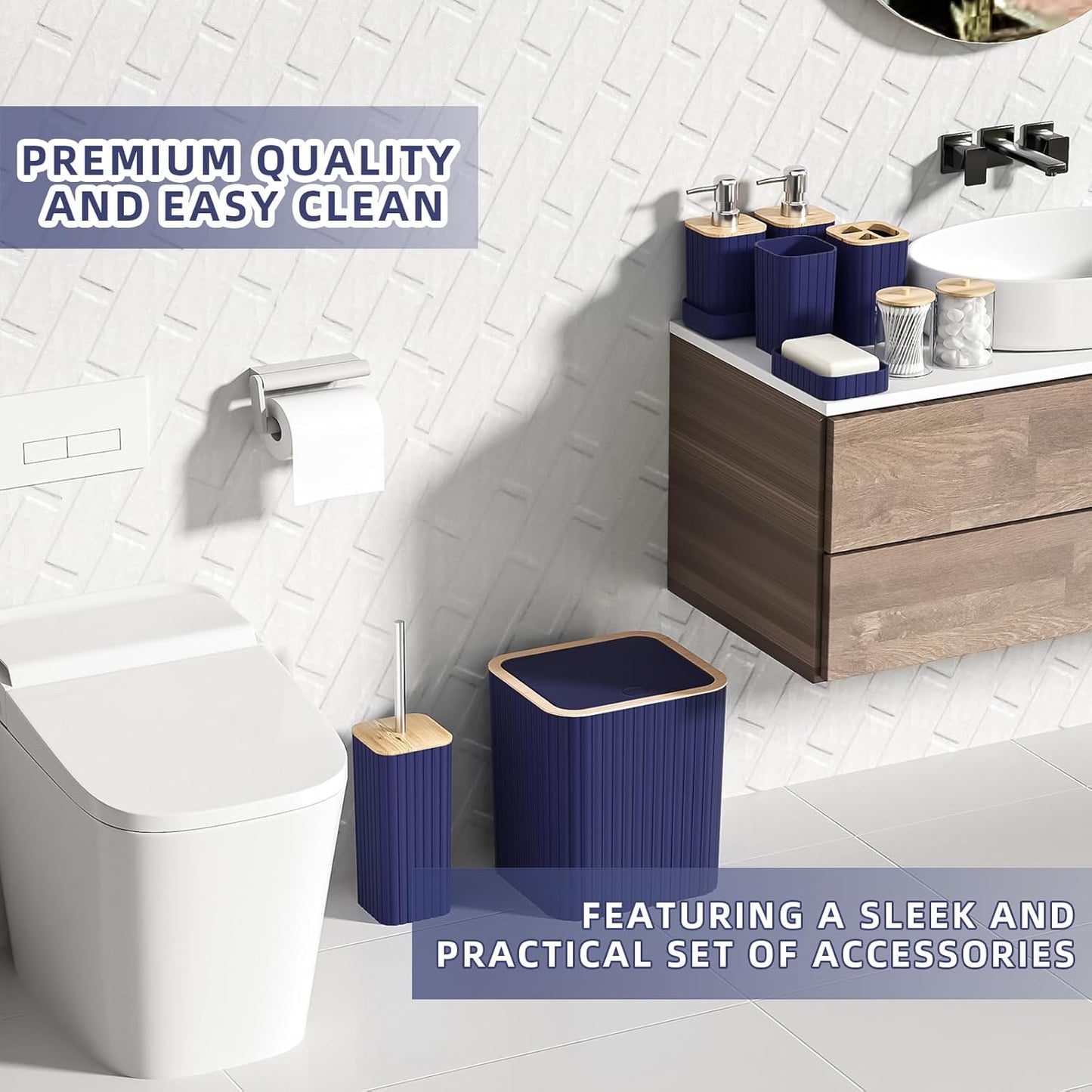 Bathroom Set - 25PC Blue Bathroom Set with Shower Curtain and Rugs, Bathroom Accessories Set, Blue Shower Curtain Set with Bathroom Trash Can