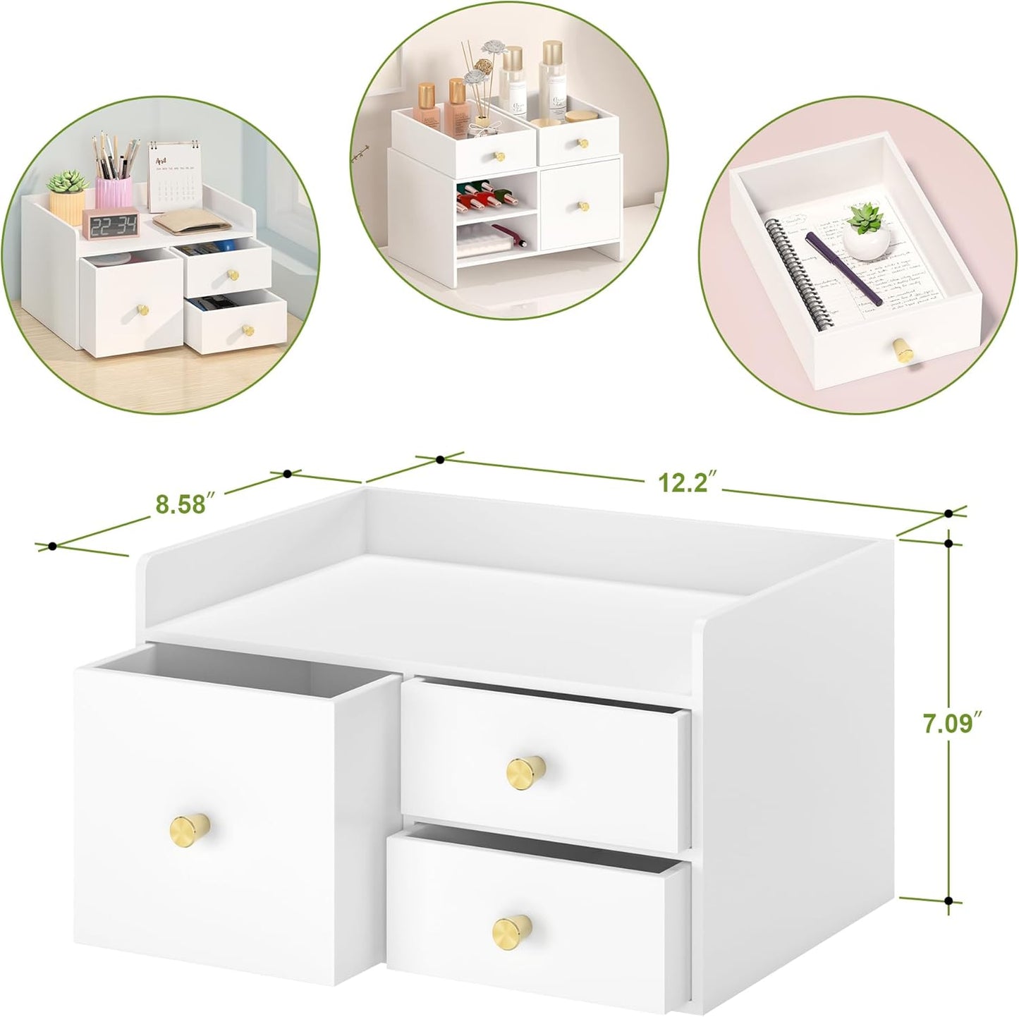 Bamboo Desk Organizer with Drawers Wooden Desktop Storage Drawers for Bills Office Supplies Kitchen Utensils Organizing Tool for Home Classroom Organization No Assembly (3 Drawer, White)