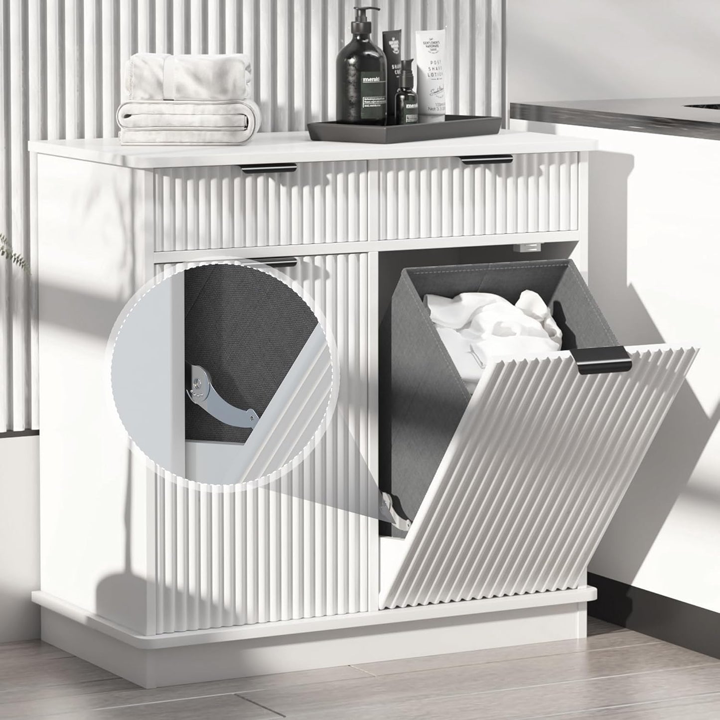 White Double Tilt Out Laundry Hamper Cabinet Laundry Basket Cabinet Hidden Laundry Hamper with 2 Drawers & 2 Baskets for Bathroom Bedroom,30x30x16in