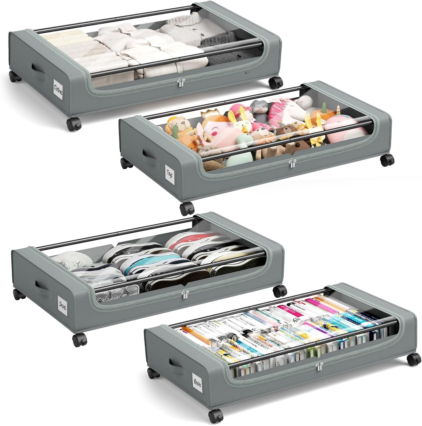 Under Bed Storage Containers with Clear Lid, Large Under Bed Storage with Wheels,6.22"H Under Bed Containers Rolling Under Bed Cart, Fabric & Metal Frame Under Bed Drawer for Clothing ;Grey, 4 PCS