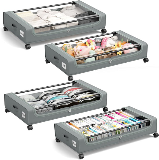 Under Bed Storage Containers with Clear Lid, Large Under Bed Storage with Wheels,6.22"H Under Bed Containers Rolling Under Bed Cart, Fabric & Metal Frame Under Bed Drawer for Clothing ;Grey, 4 PCS