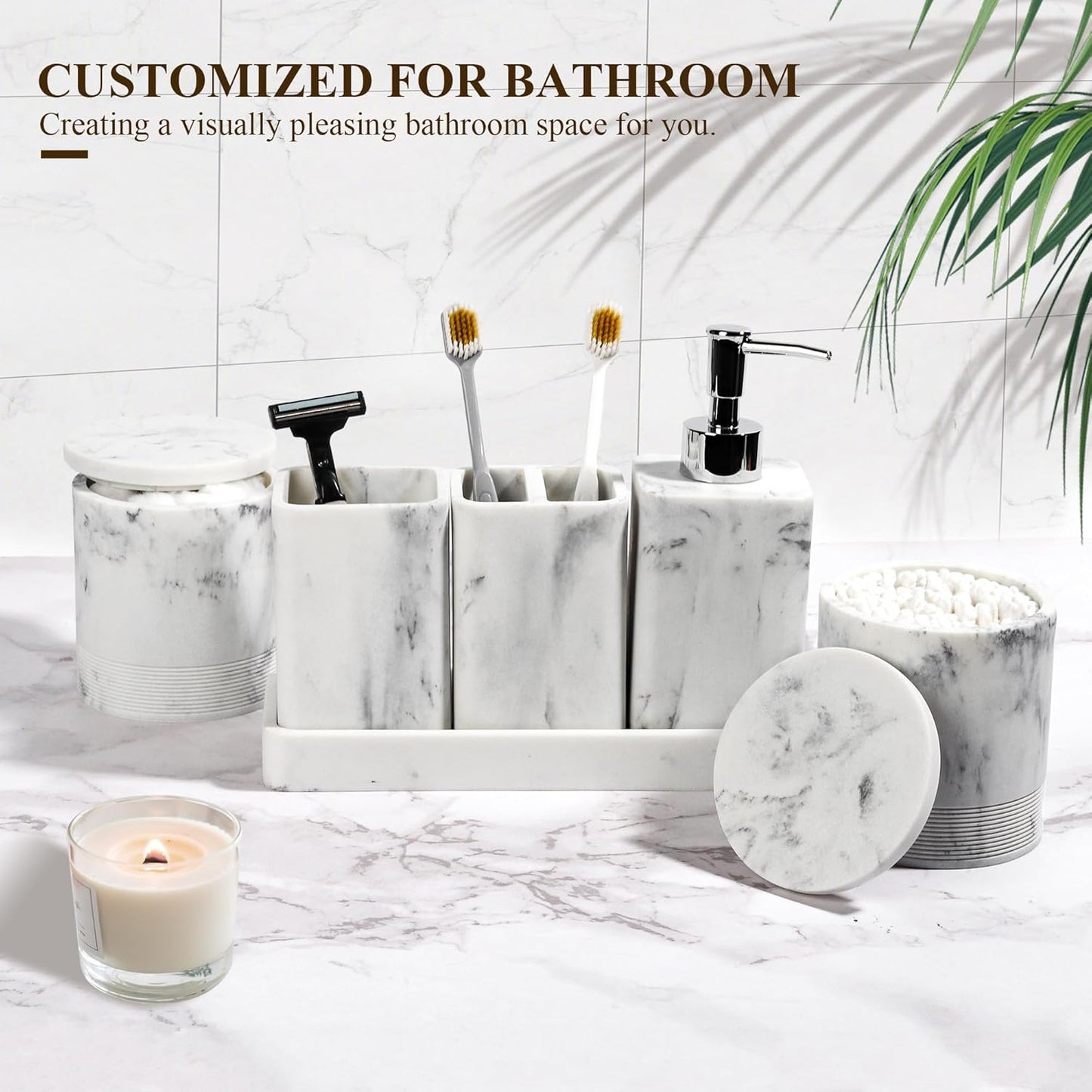 Bathroom Accessories Set, 6 Piece Bathroom Set with Toothbrush Holders, Soap Dispenser, Vanity Tray, Tumbler, Cotton Swab Jars, Bathroom Organizer，Bathroom Sink Sets, Artificial Marble White