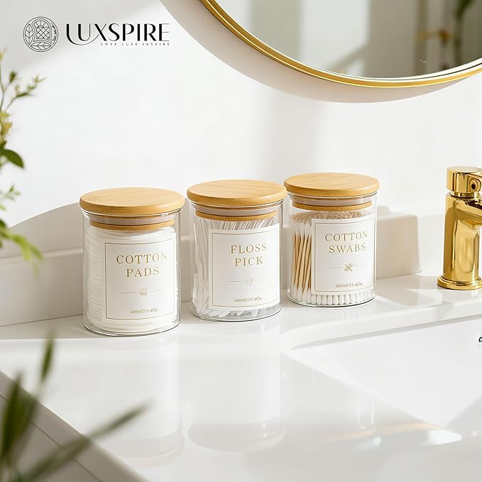 Luxspire 3 Pack Glass Qtip Holder Dispenser, 13.4 oz Cotton Swab Holder with Bamboo Lids, Glass Apothecary Jars Bathroom Accessories Canisters for Cotton Swabs, Balls, Pads, Floss Picks