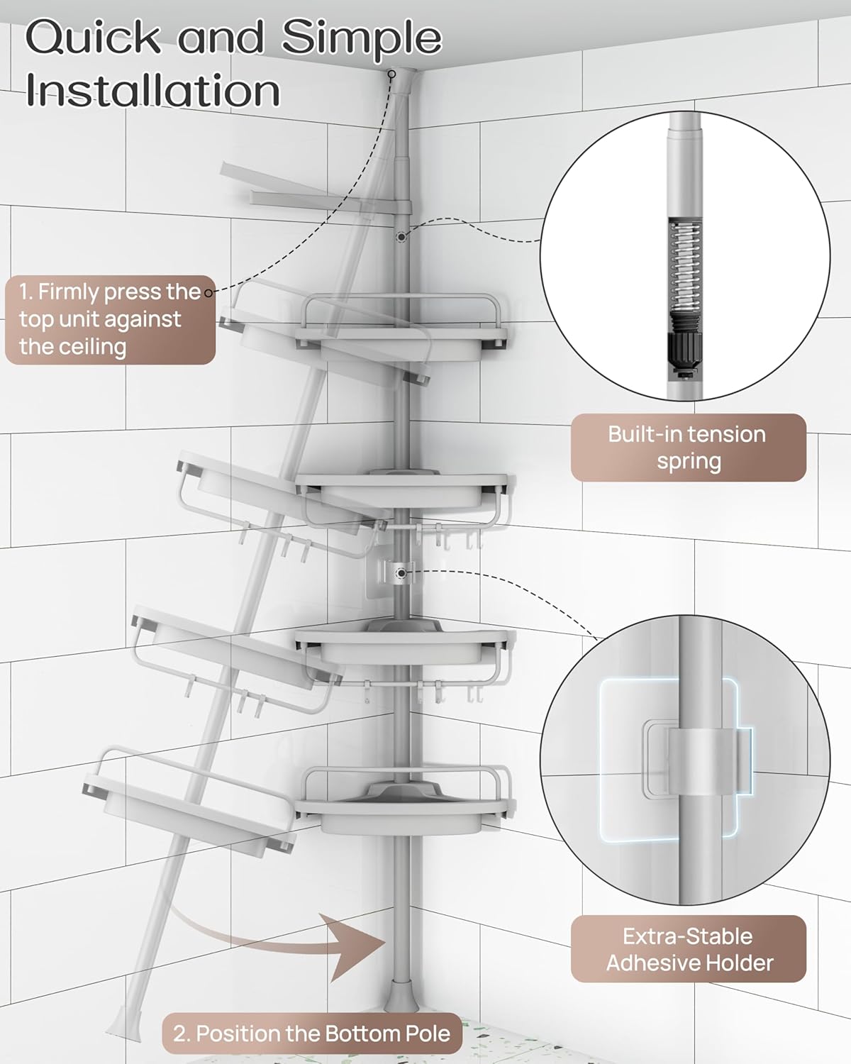 ALLZONE Rustproof Shower Caddy Corner for Bathroom,Bathtub Storage Organizer for Shampoo Accessories,4-Tier Adjustable Shelves with Tension Pole, 34 to 116 Inch, Grey