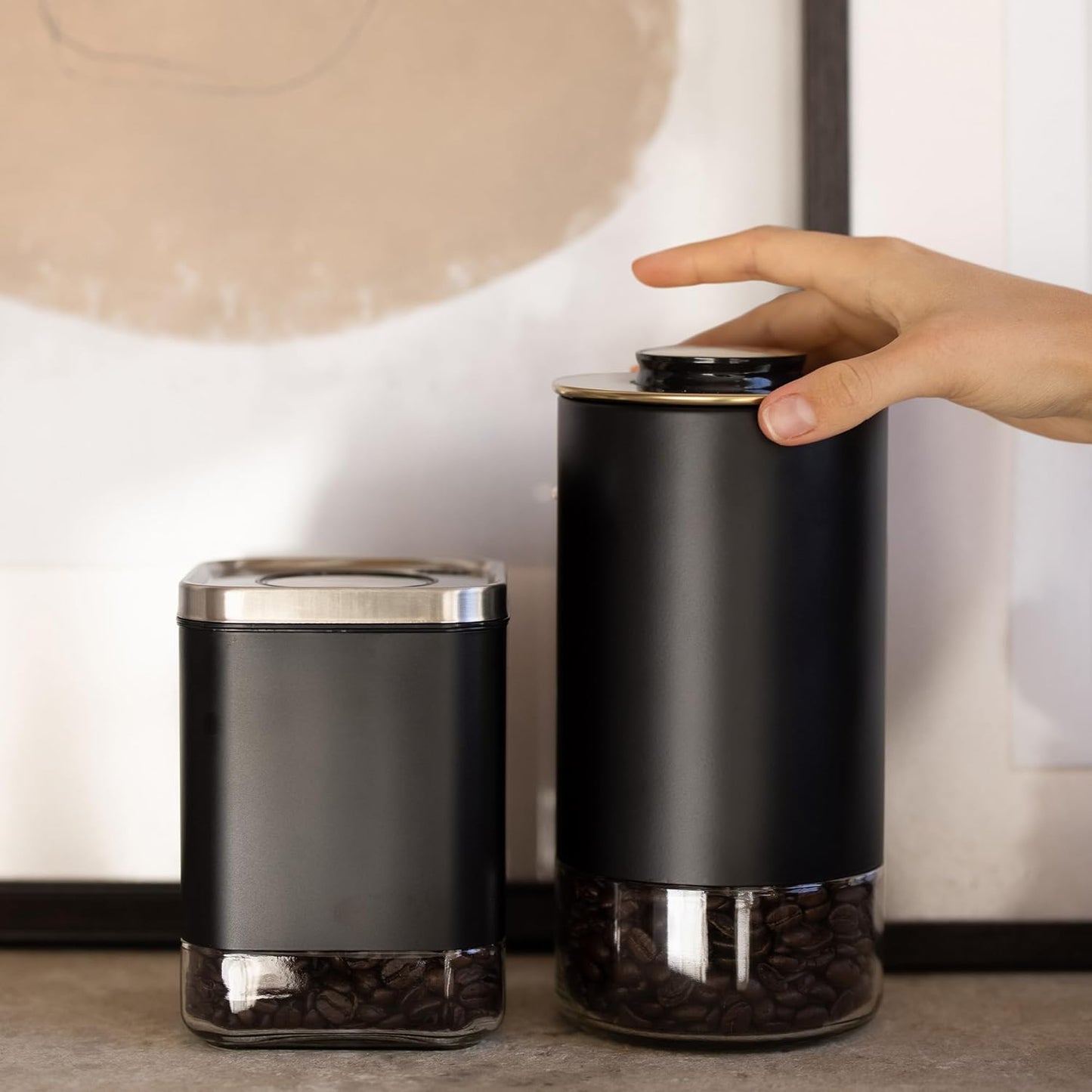 Kaffe Glass Coffee Canister (12oz) w/Airtight Lid - Click to Release Seal - BPA Free Glass & Stainless Steel - Elegant Kitchen Storage Container for Coffee, Nuts, Rice, Flour, Sugar, Tea, Cereal