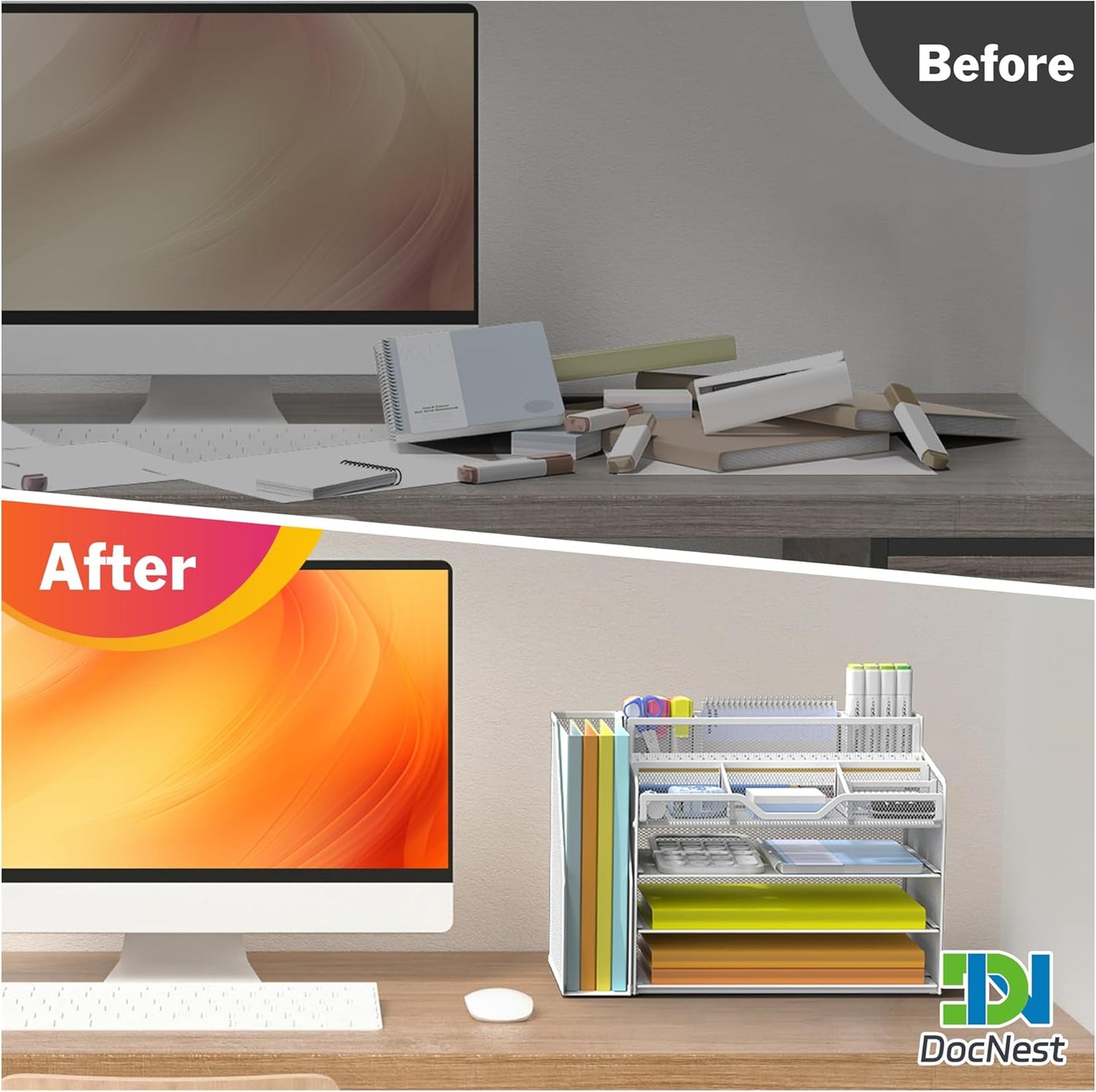 Docnest 4 Tier Mesh Desk Organizer with File Holder – Multi-Functional Paper Letter Tray with 5 Adjustable Compartments, 3 Pen Holders, Desktop Storage for Files, Mail, Stationery – White