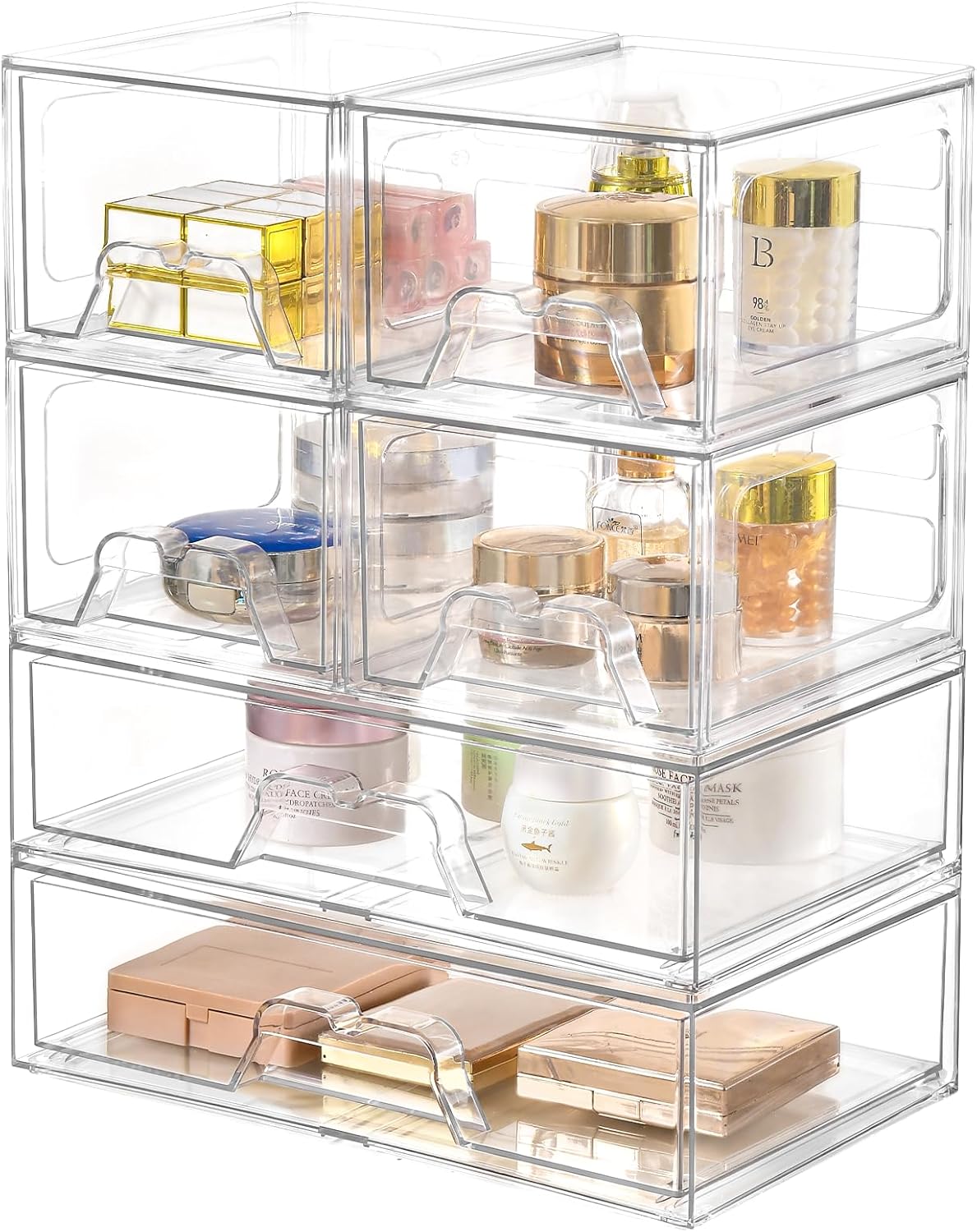 6 Pack Stackable Storage Drawers Clear Acrylic Organizer Makeup Bathroom Organizer and Storage Bins for Beauty Supplies,Ideal for Vanity, Bathroom,Pantry Organization
