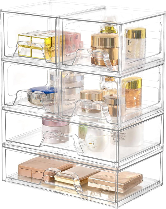 6 Pack Stackable Storage Drawers Clear Acrylic Organizer Makeup Bathroom Organizer and Storage Bins for Beauty Supplies,Ideal for Vanity, Bathroom,Pantry Organization