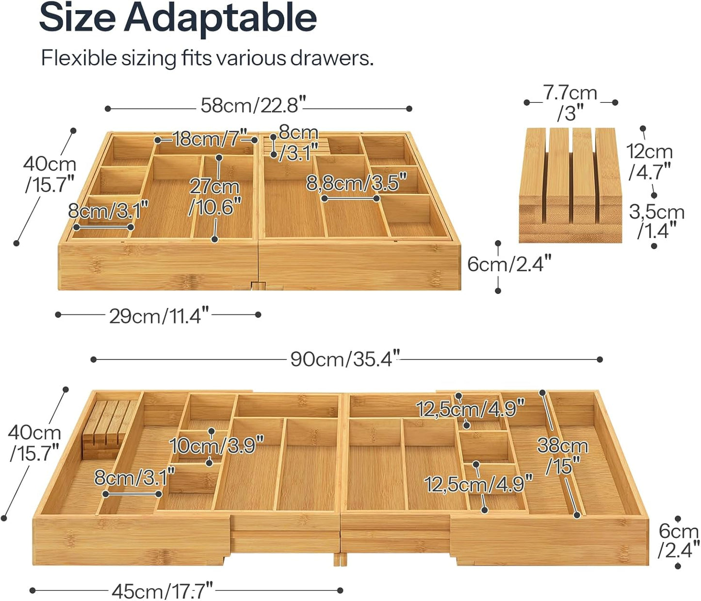 HO0BRO Large Silverware Organizer Kitchen Drawer Organizer, Magnetic Connected Expandable Utensil Organizer From 22 to 35 Inches, Bamboo 16 Slots Cutlery Tray with Knife Holder, Natural YL07TL01