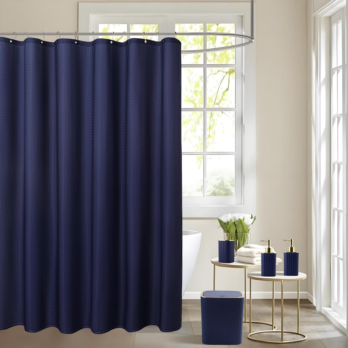 Bathroom Set with Shower Curtain and Rugs- 25PC Blue Bathroom Accessory Set, Navy Blue Shower Curtain Set, Toilet Brush, Trash Can, Qtip Holder Dispenser & Soap Dispenser