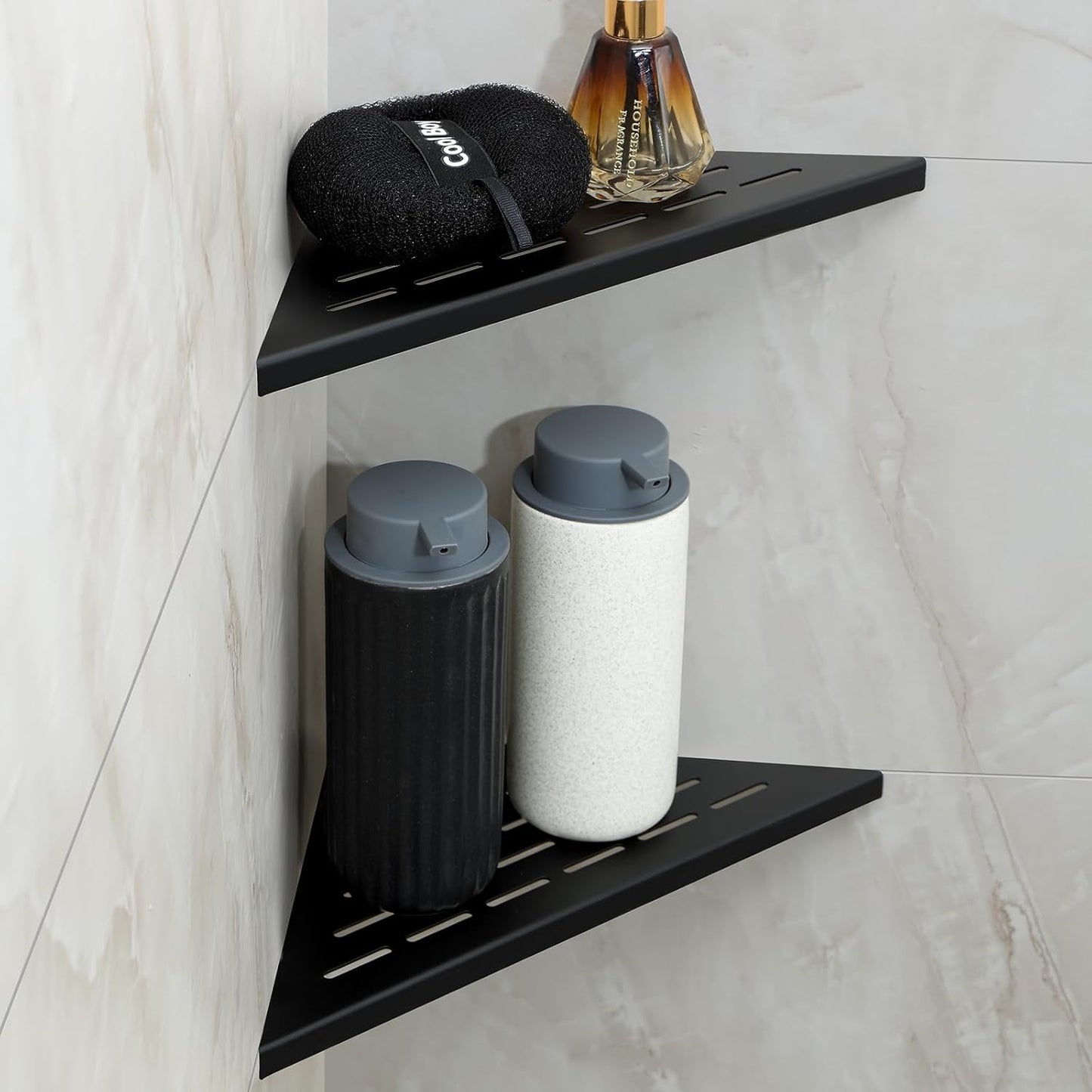 MENATT 10" No Drilling Corner Shower Shelf (2-Pack) – Recessed Stainless Steel Shower Caddy for Tiled Walls, 304 Steel Bathroom Shelves, Wall Mounted Triangular Organizer(Matte Black)