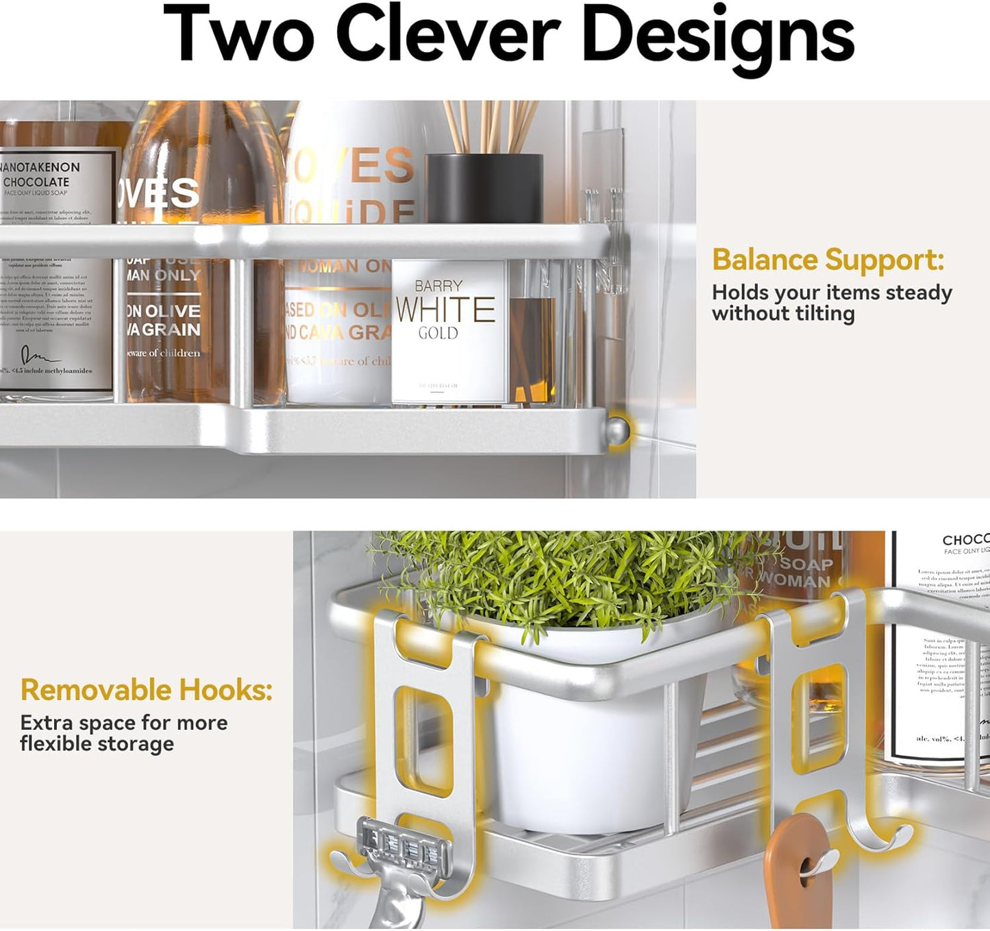 YASONIC Corner Shower Caddy Organizer, 5-Pack Self-Adhesive Rustproof Bath Shelves with Soap Holder & 4 Hooks, Large Capacity Shower Storage Rack for Bathroom Organization, Silver