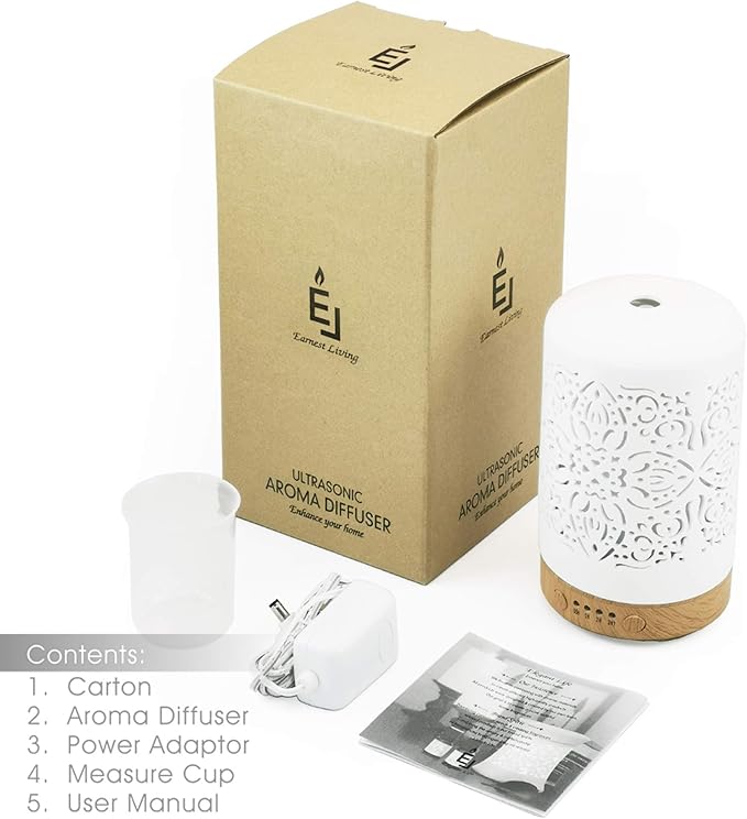 Earnest Living Essential Oil Diffuser White Ceramic Diffuser 100 ml Timers Night Lights and Auto Off Function Home Office Humidifier Aromatherapy Diffusers for Essential Oils