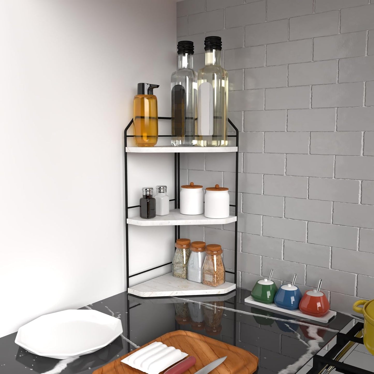 Corner Bathroom Counter Organizer - 3 Tier Wood Vanity Counter Shelf Perfume Skincare Holder, Countertop Corner Shelf Organizer for Bathroom, Kitchen, Rustic White