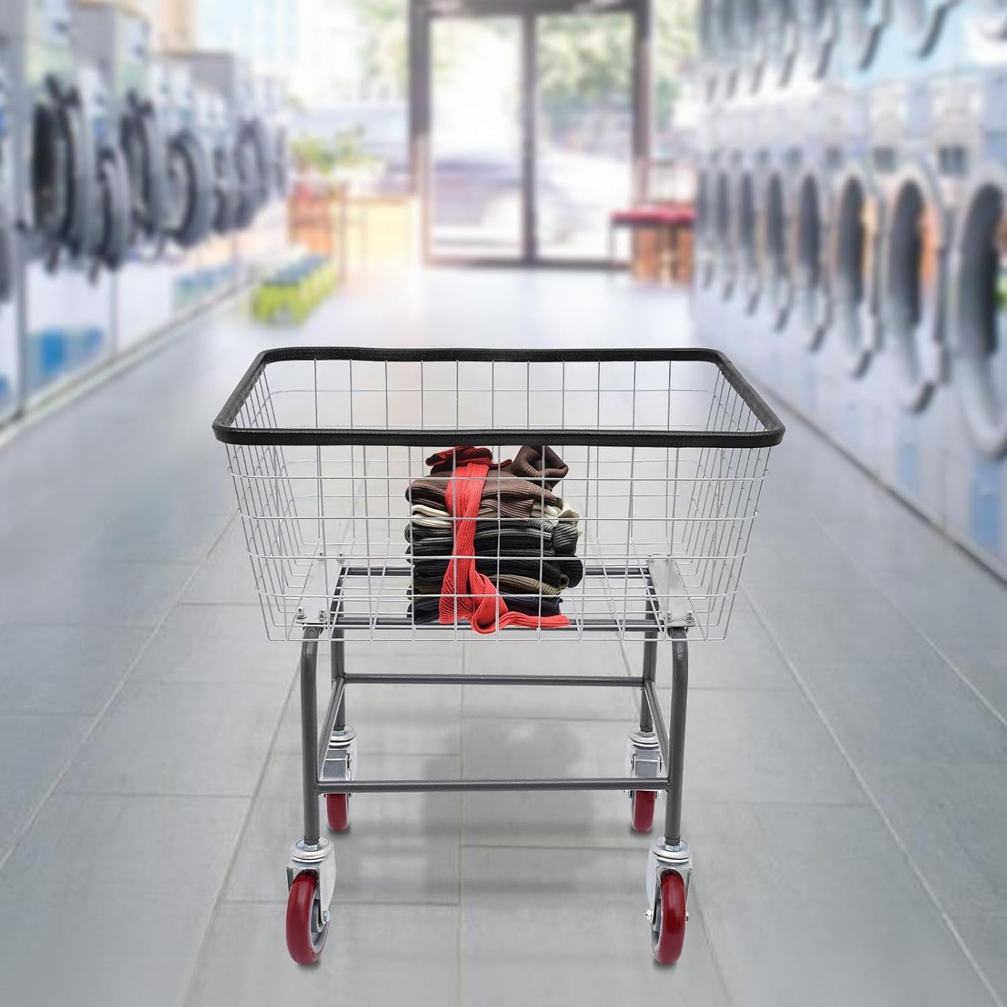 Wire Laundry Cart with Wheels,Commercial Wire Laundry Basket Cart,Heavy Duty Rolling Wire Laundry Cart for Laundry Clothes Storage (Type 2)