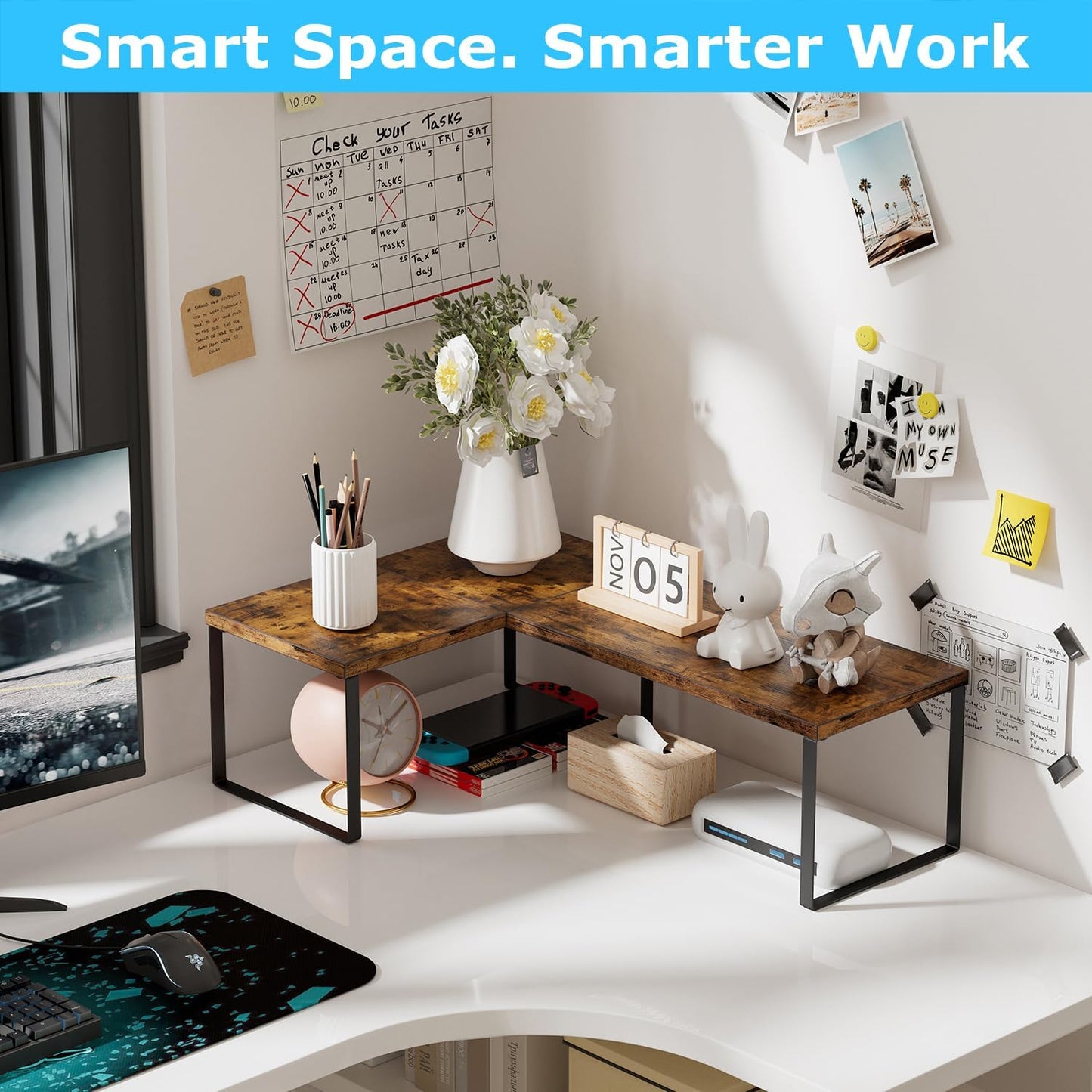 Aothia Wood Desktop Shelf for Top of Desk - 2-Tier Adjustable Bookshelf Organizer, Freestanding Stackable Shelves for Office, Home, Kitchen Counter (Rustic Brown)